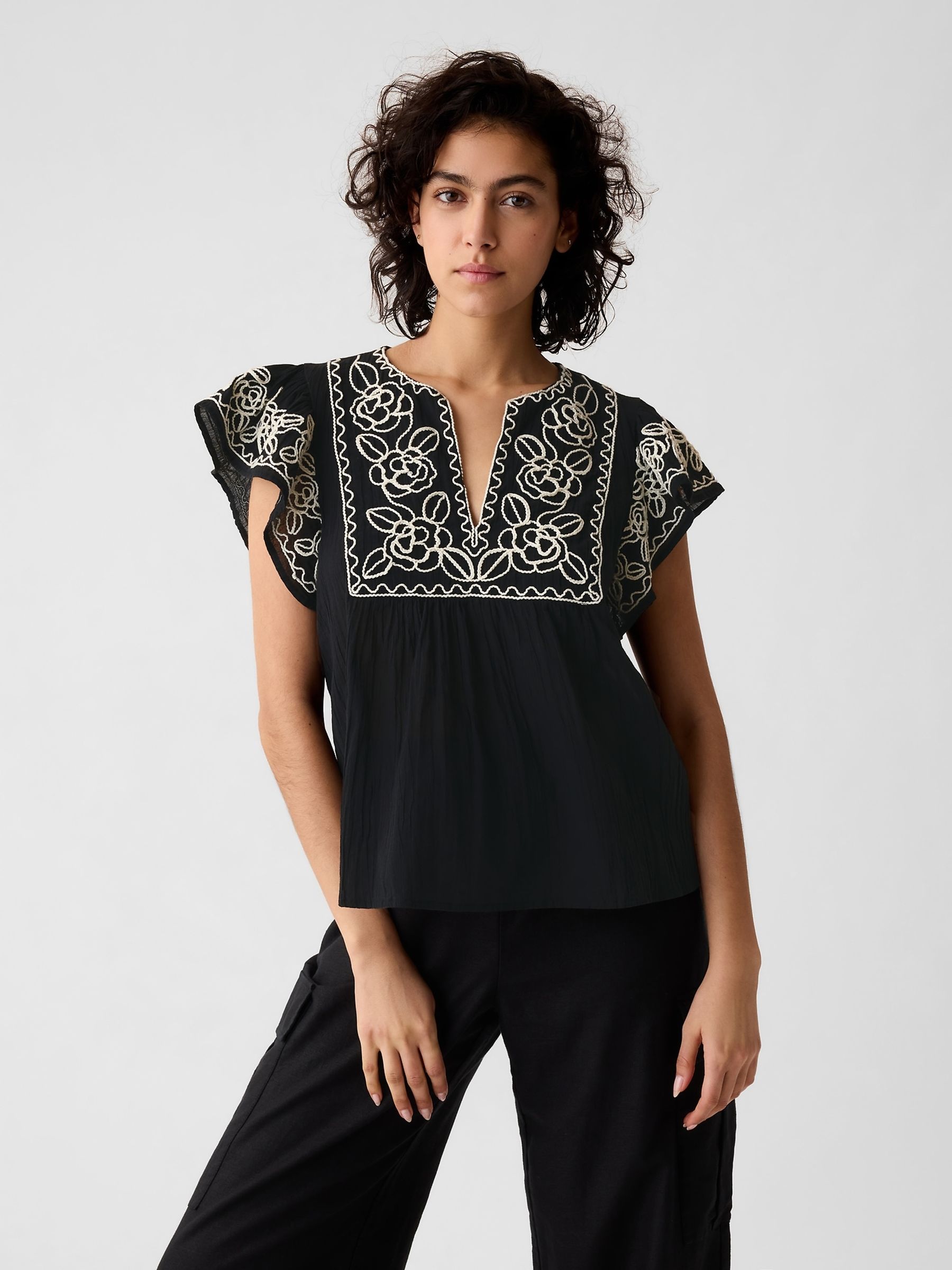 Black Crinkle Gauze Embroidered Cropped Shirt - Image 1 of 5