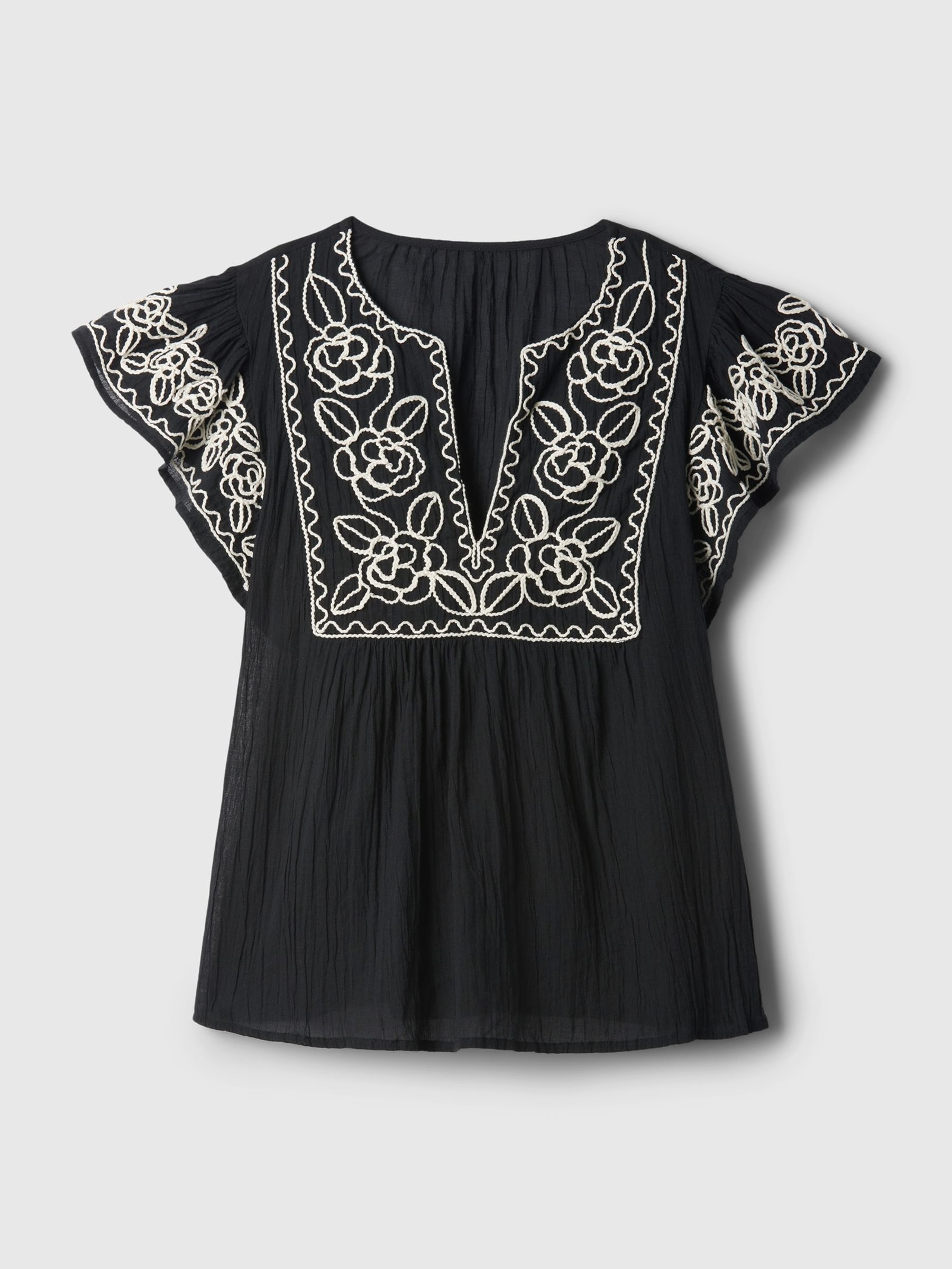 Black Crinkle Gauze Embroidered Cropped Shirt - Image 5 of 5
