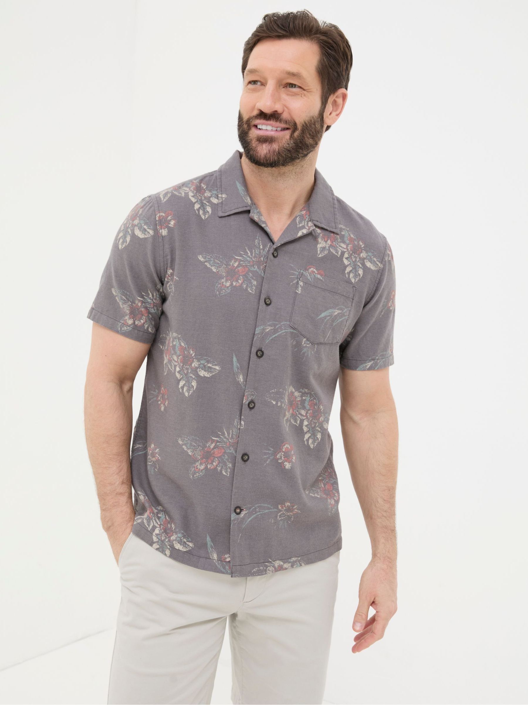Brown Short Sleeve Hibiscus Print Shirt - Image 1 of 5