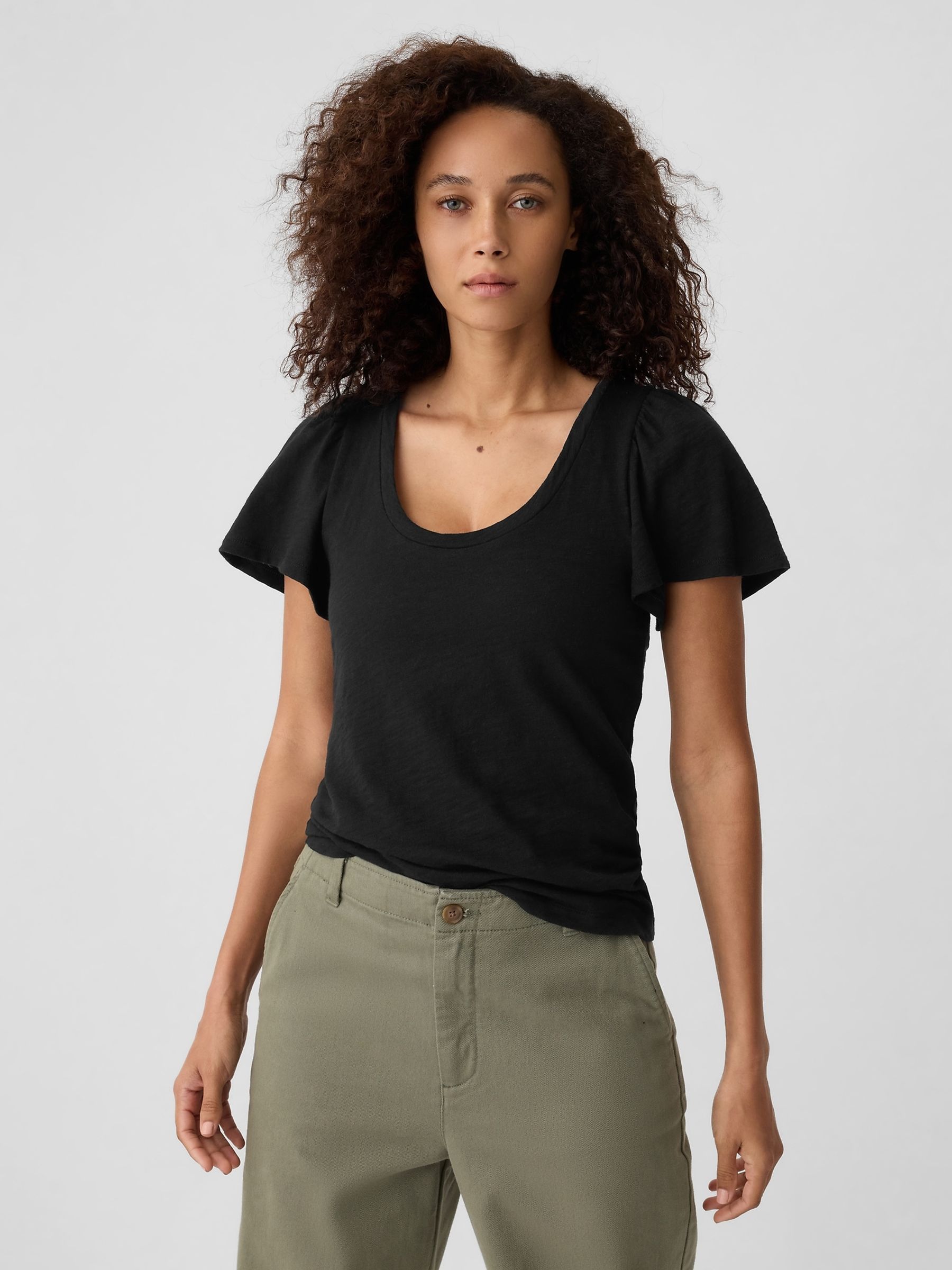 Black Cotton Flutter Short Sleeve T-Shirt - Image 1 of 5