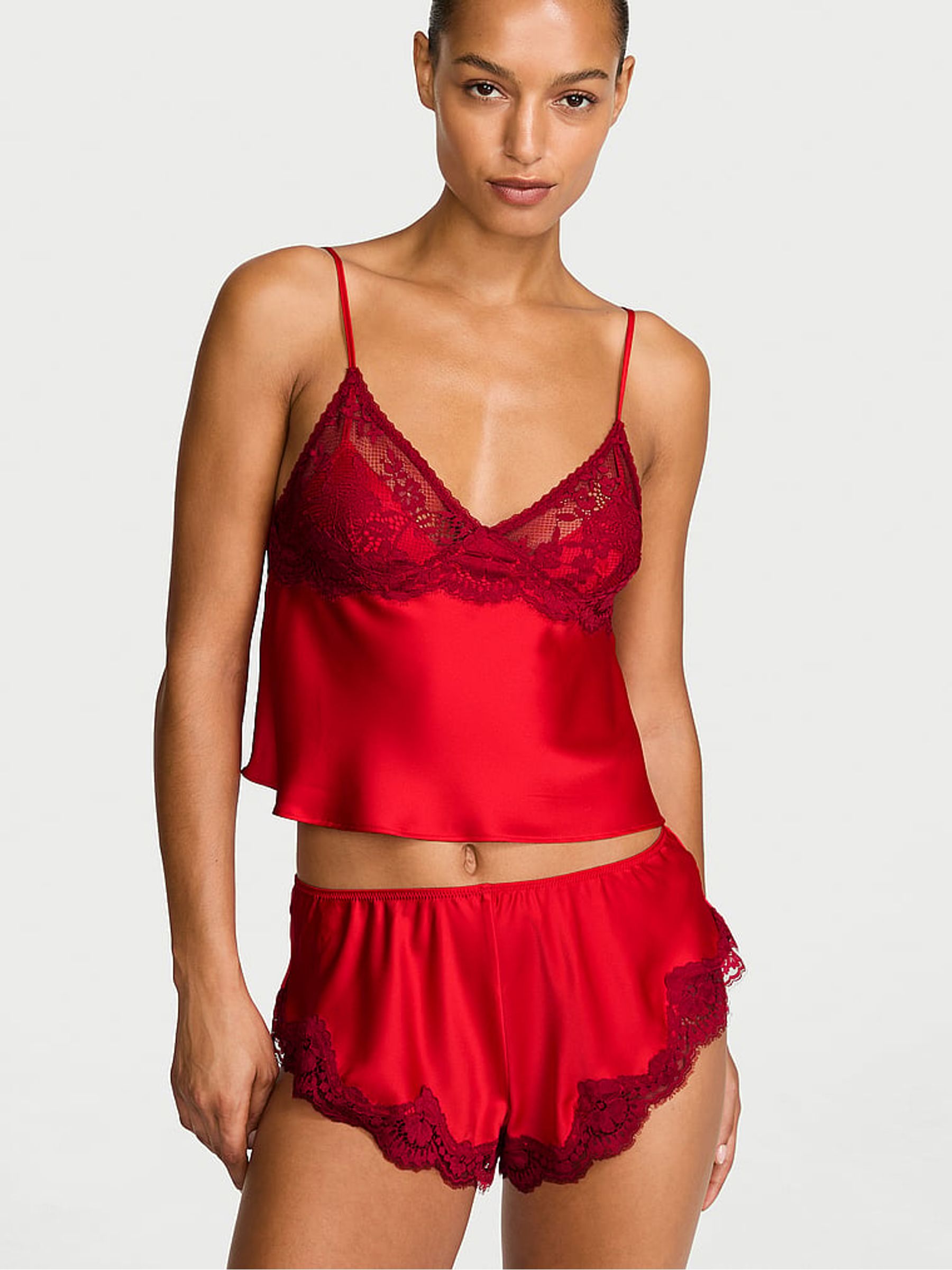 Bright Vermillion Red Satin Lace Trim Cami Flutter Shorts Set - Image 1 of 2 Bright Vermillion Red Satin Lace Trim Cami Flutter Shorts Set - Image 1 of 2
