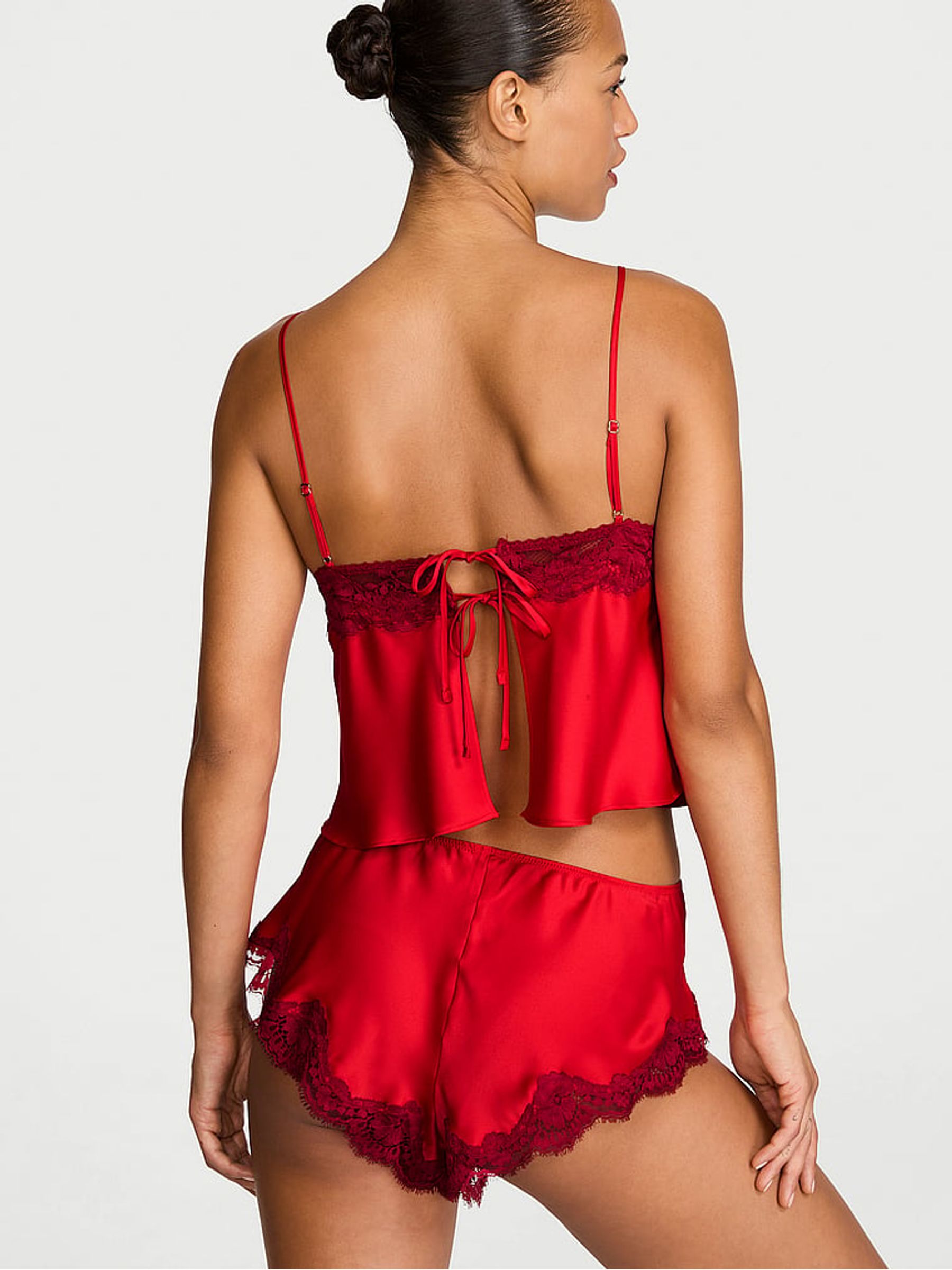 Bright Vermillion Red Satin Lace Trim Cami Flutter Shorts Set - Image 2 of 2 Bright Vermillion Red Satin Lace Trim Cami Flutter Shorts Set - Image 2 of 2