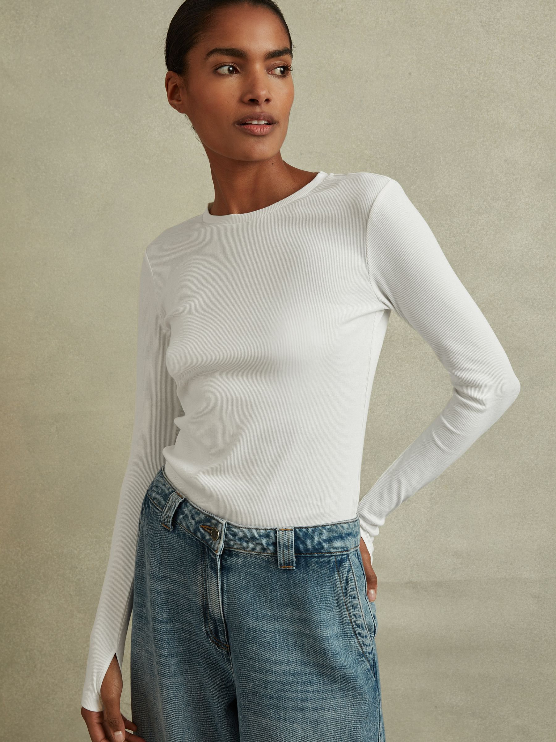 Cotton Blend Crew Neck Top in White - Image 1 of 6