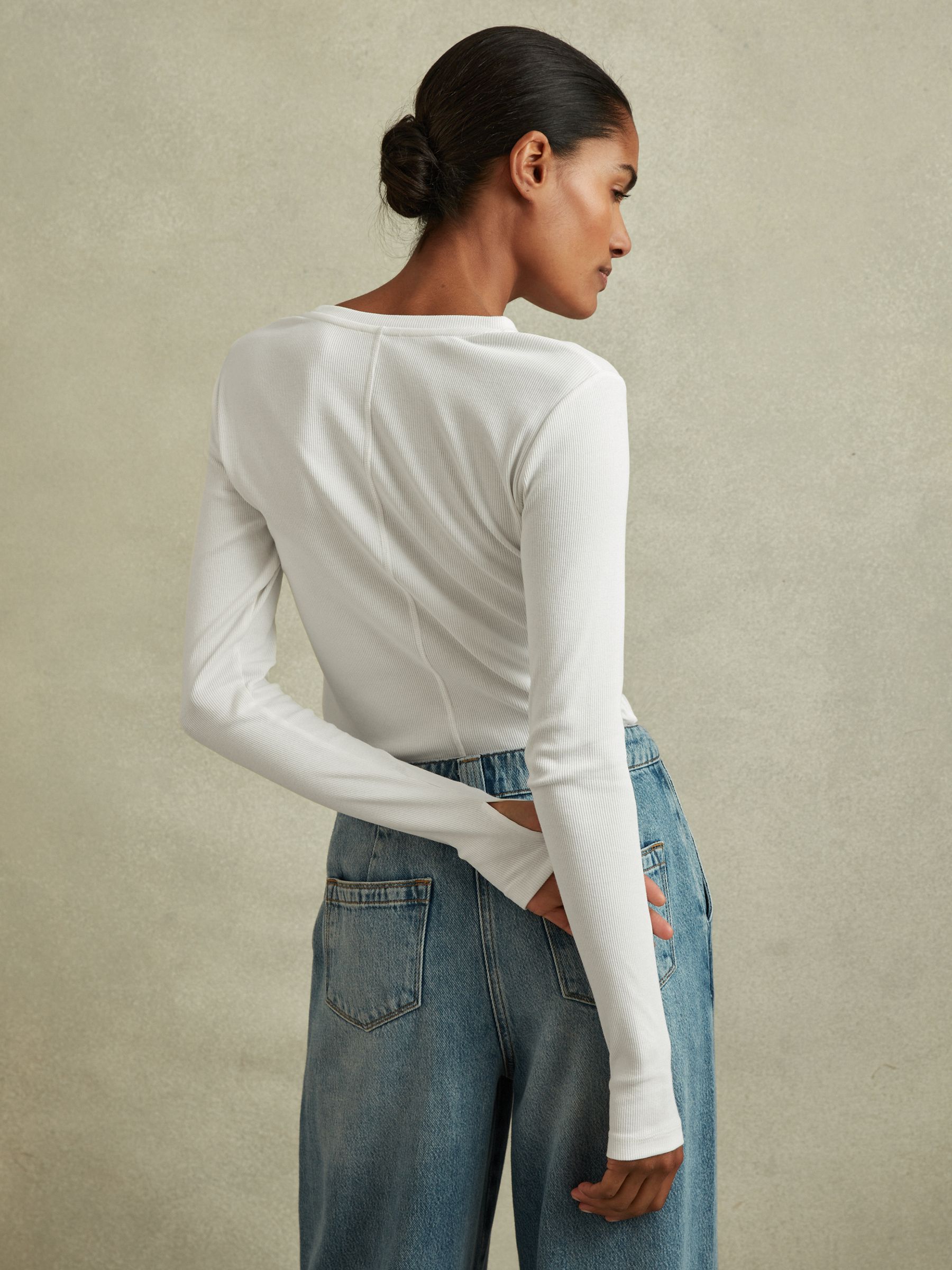 Cotton Blend Crew Neck Top in White - Image 5 of 6
