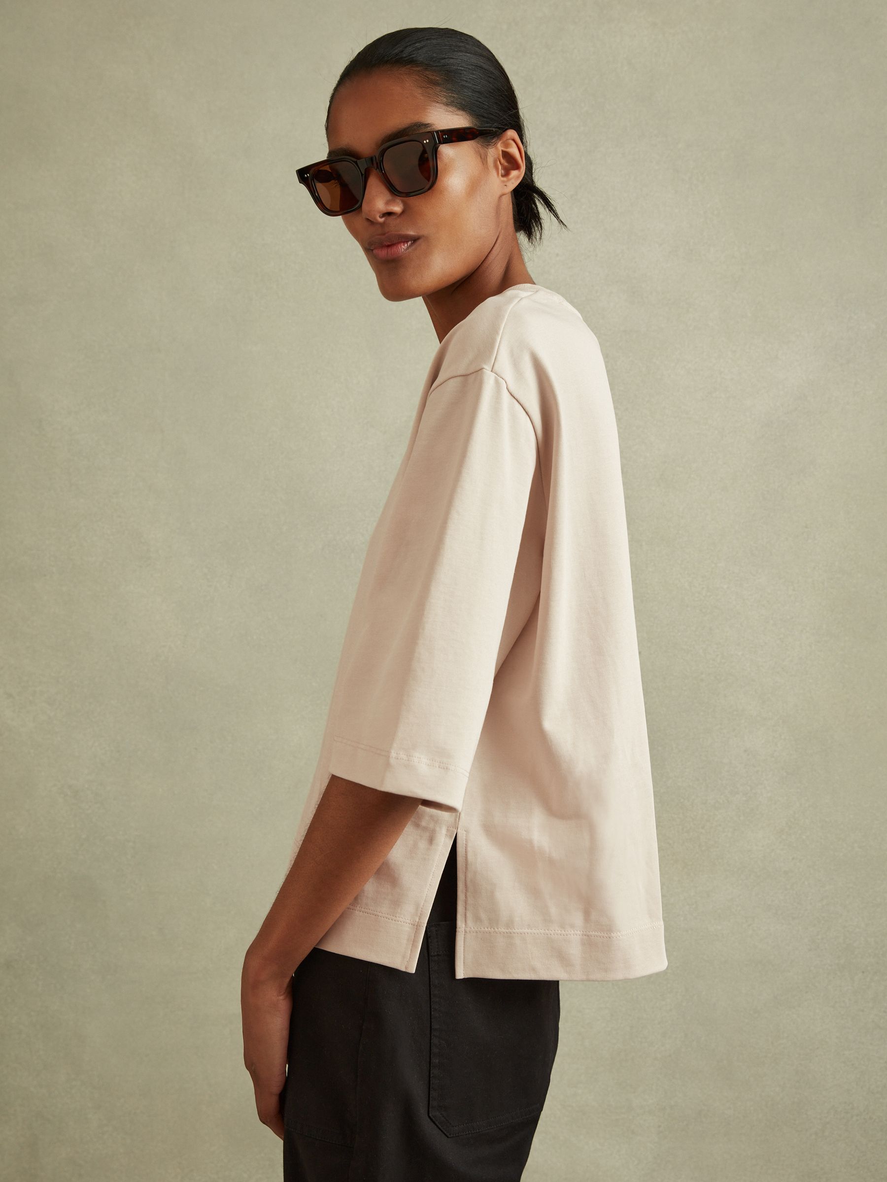 Oversized Cotton Crew Neck T-Shirt in Stone - Image 3 of 5
