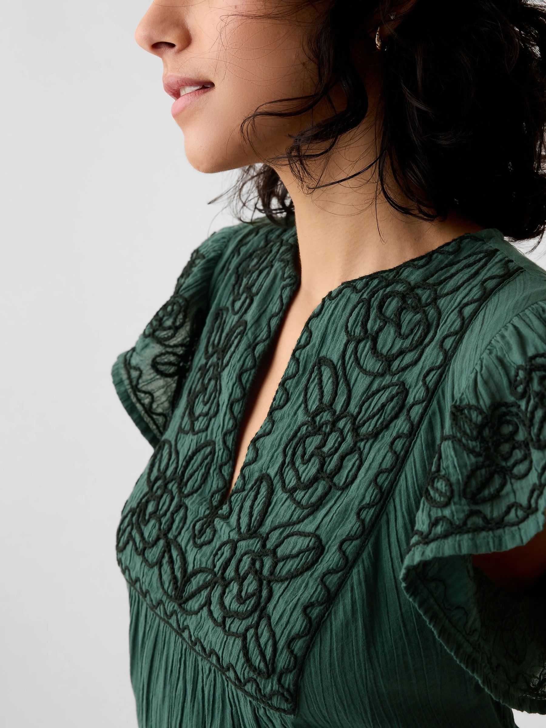 Green Crinkle Gauze Embroidered Mini Dress - Image 4 of 4