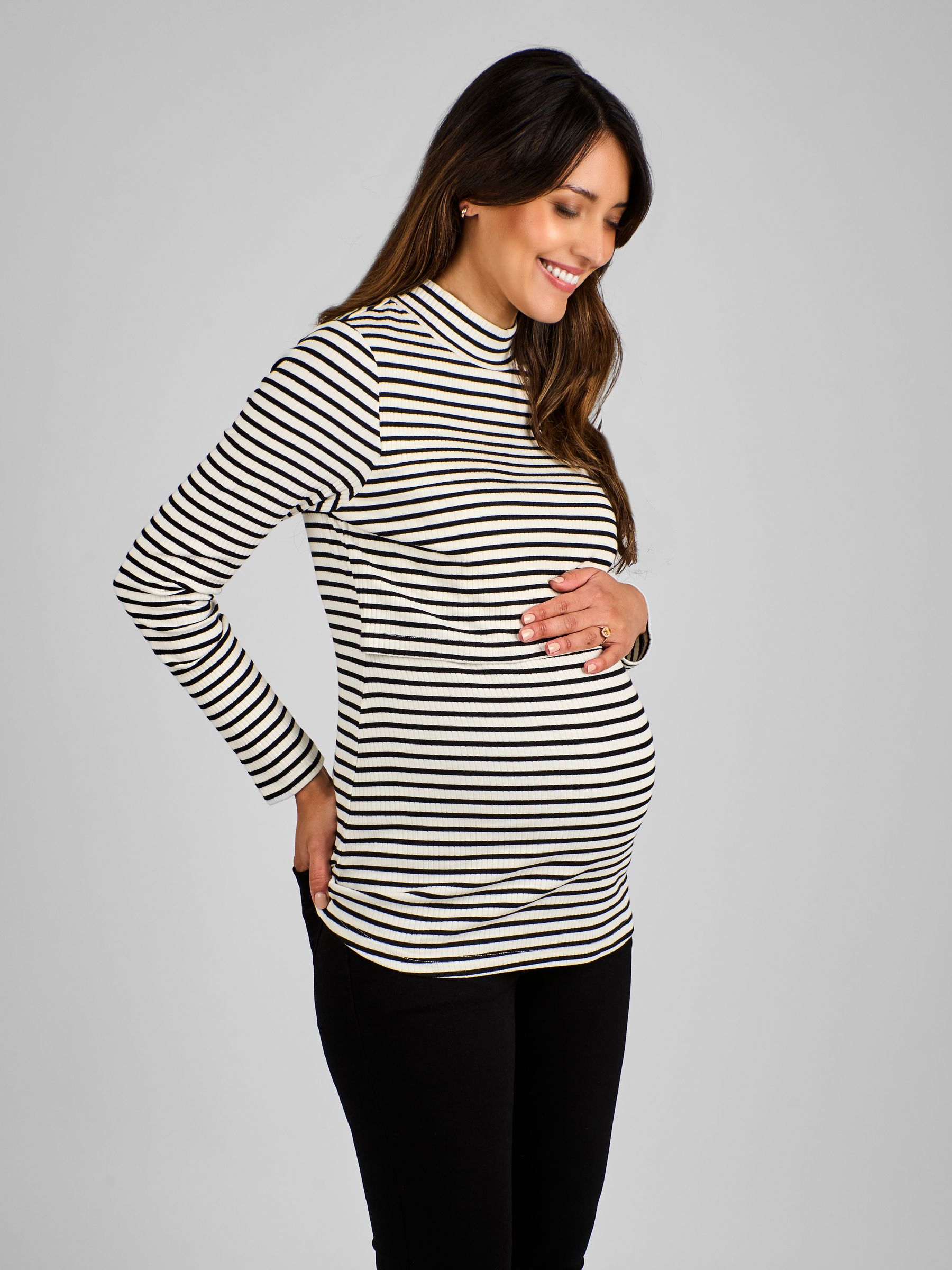 Black Cream Stripe Maternity And Nursing Stripe Polo Neck Top - Image 1 of 4