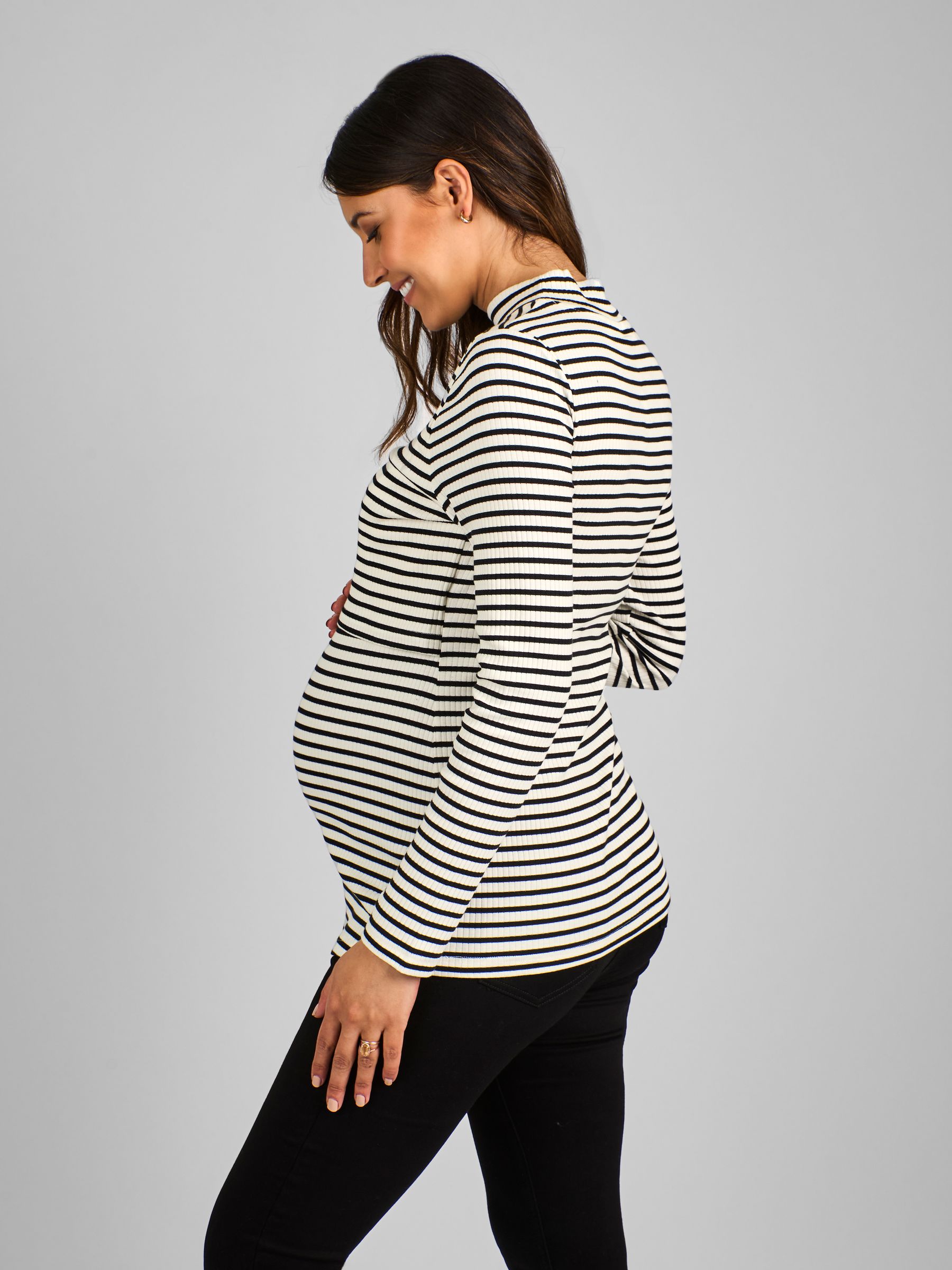 Black Cream Stripe Maternity And Nursing Stripe Polo Neck Top - Image 2 of 4
