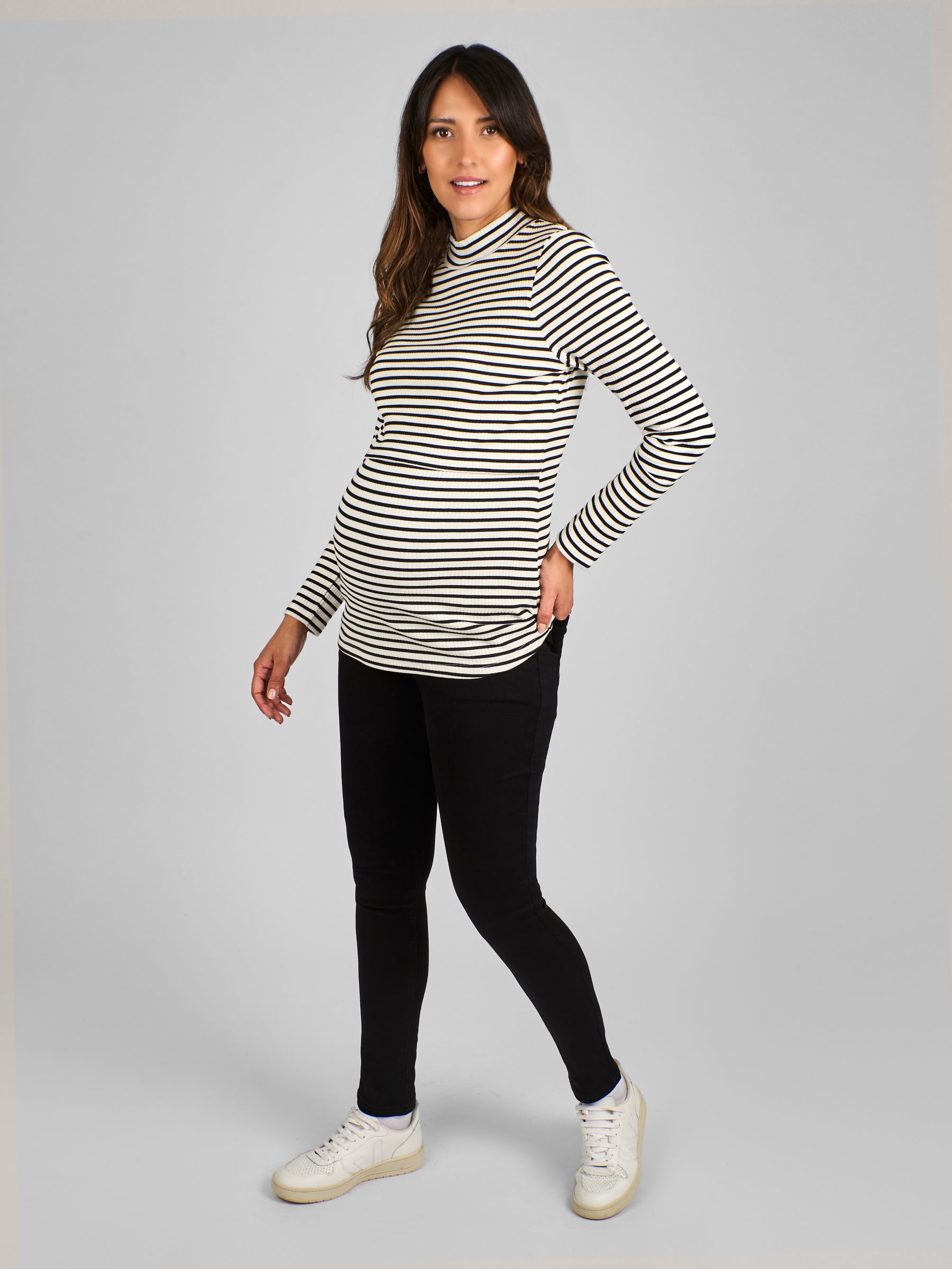 Black Cream Stripe Maternity And Nursing Stripe Polo Neck Top - Image 3 of 4