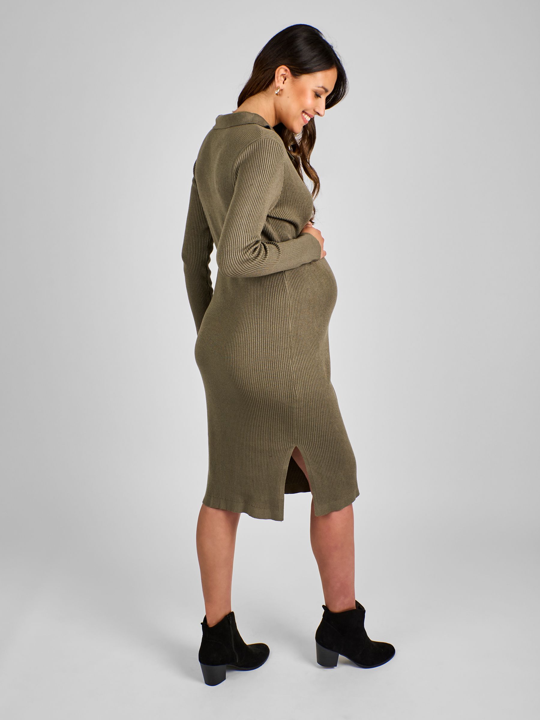 Khaki Green Collared Maternity Ribbed Knitted Dress - Image 2 of 4