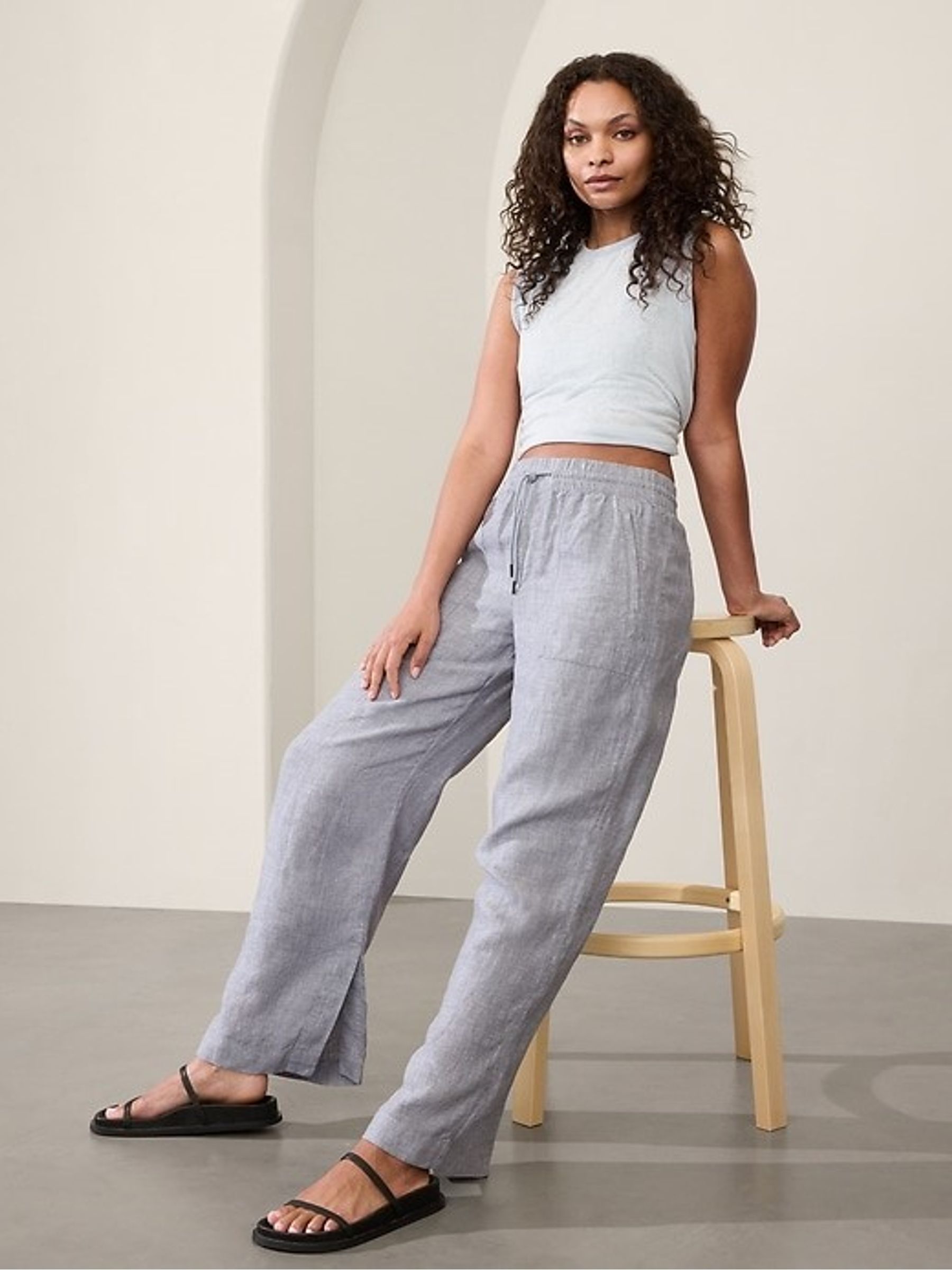 Athleta Grey 100% Linen Retreat Wide Leg Trousers Gap