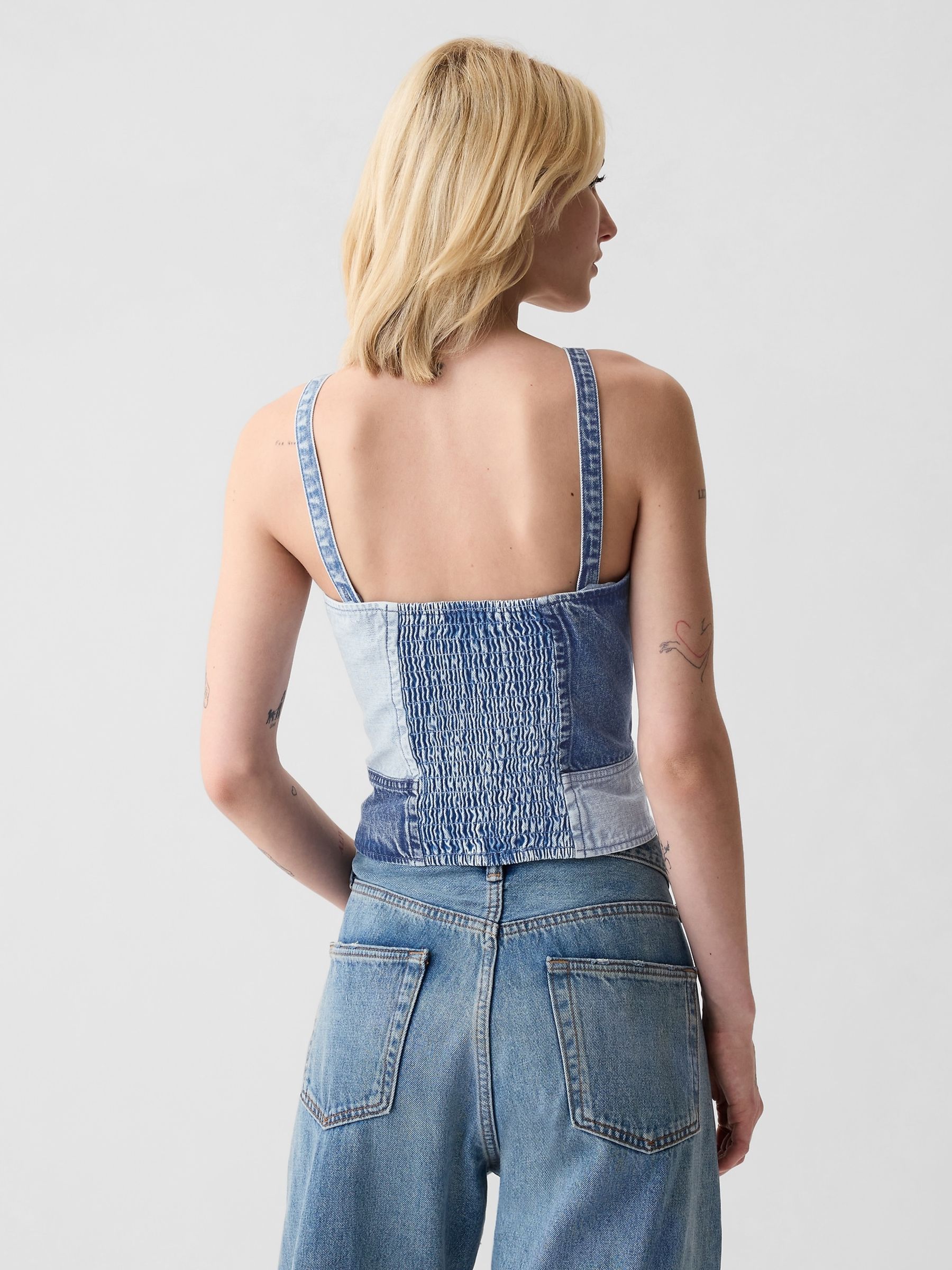 Blue Patchwork Denim Corset Top - Image 2 of 5