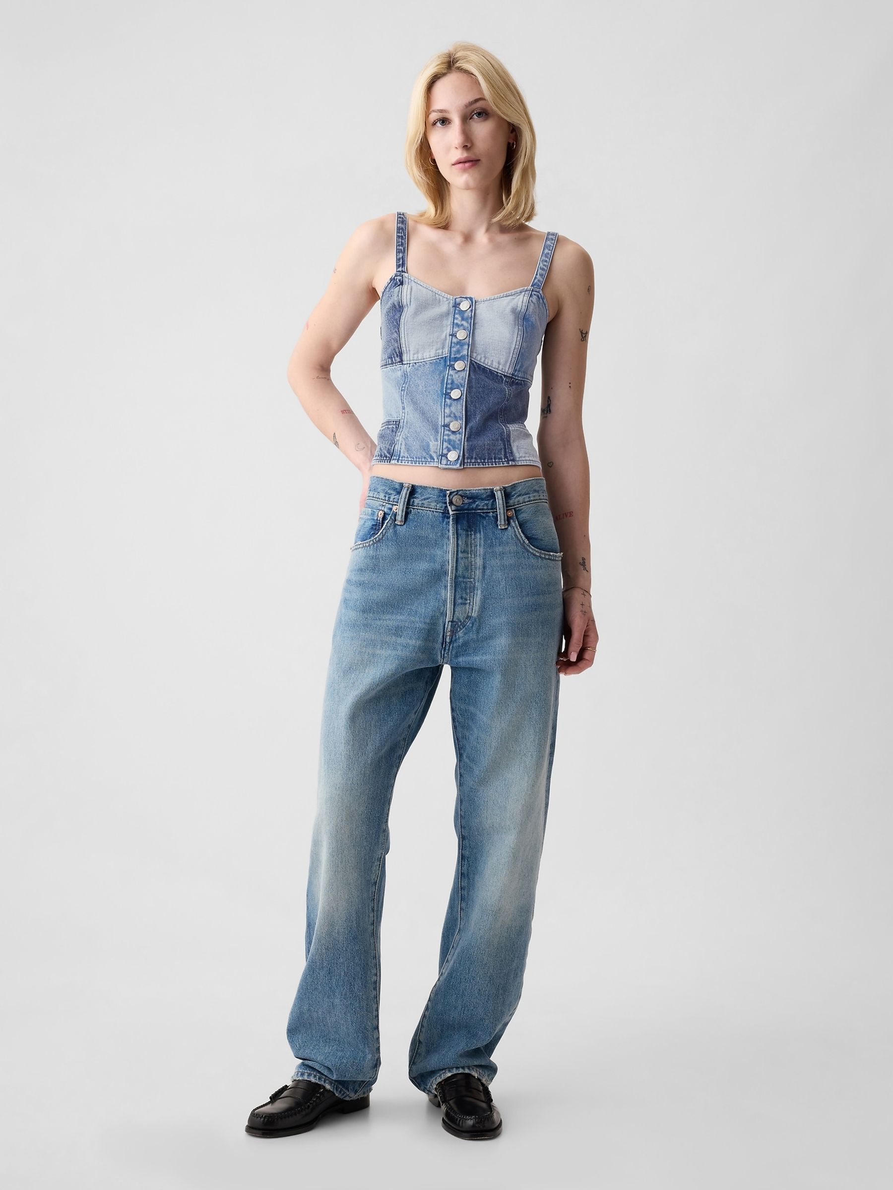 Blue Patchwork Denim Corset Top - Image 3 of 5