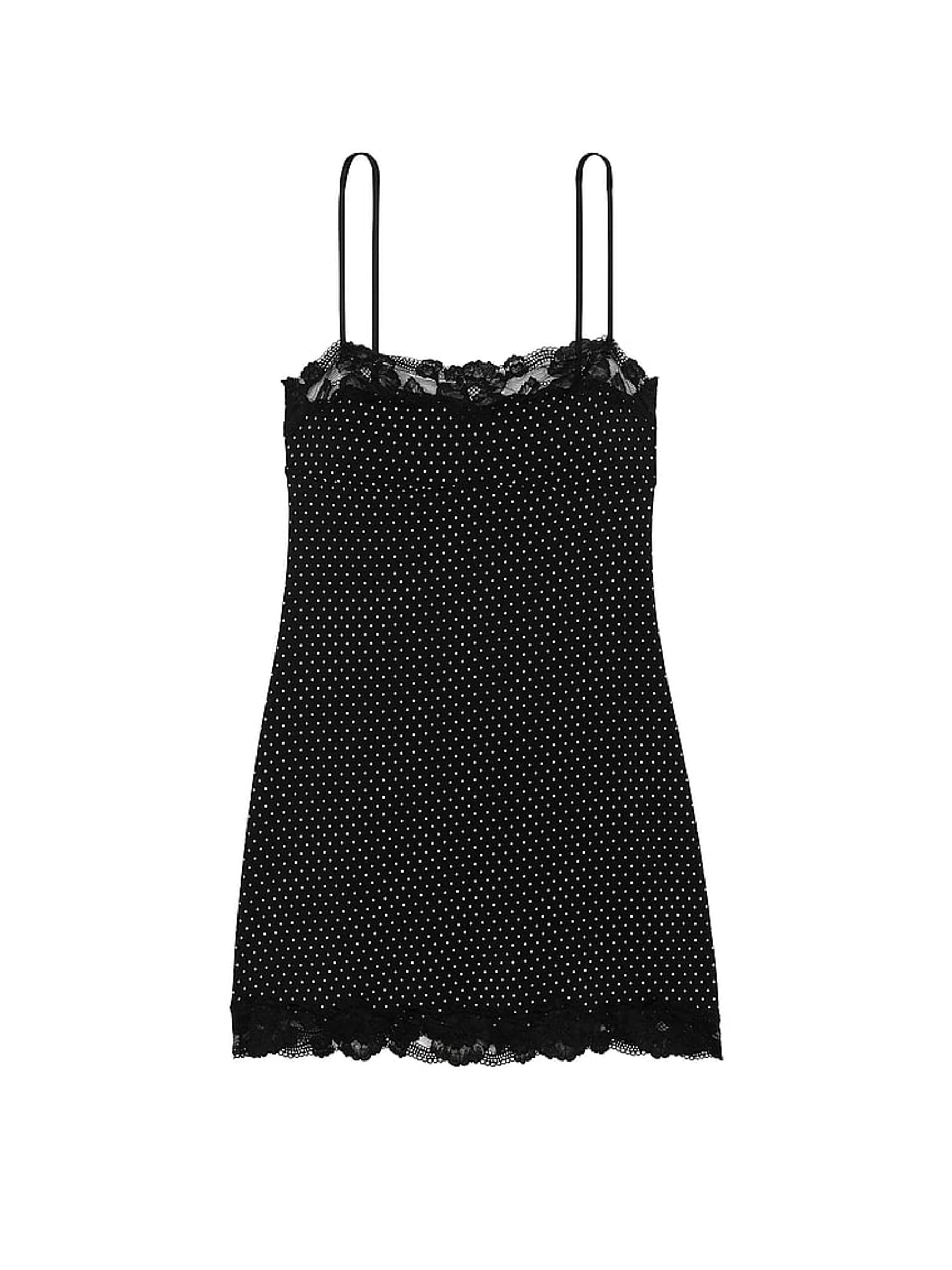 Black Pin Dot Modal Straight Neck Slip Dress - Image 3 of 3