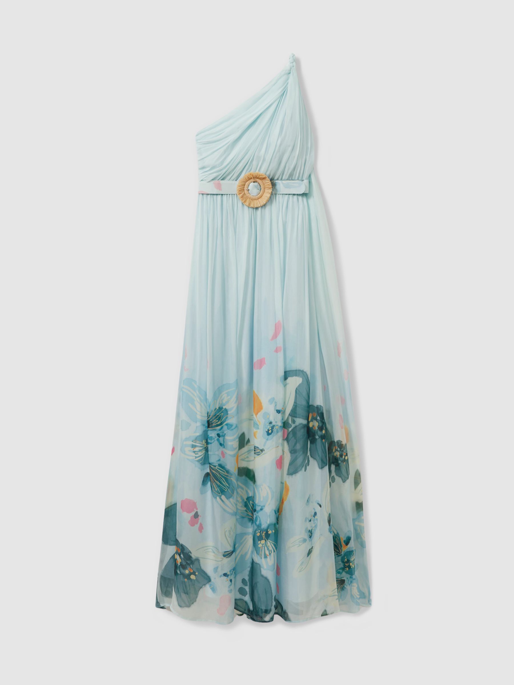 Leo Lin Silk Blend Pleated Asymmetric Maxi Dress in Blue Print - Image 1 of 5