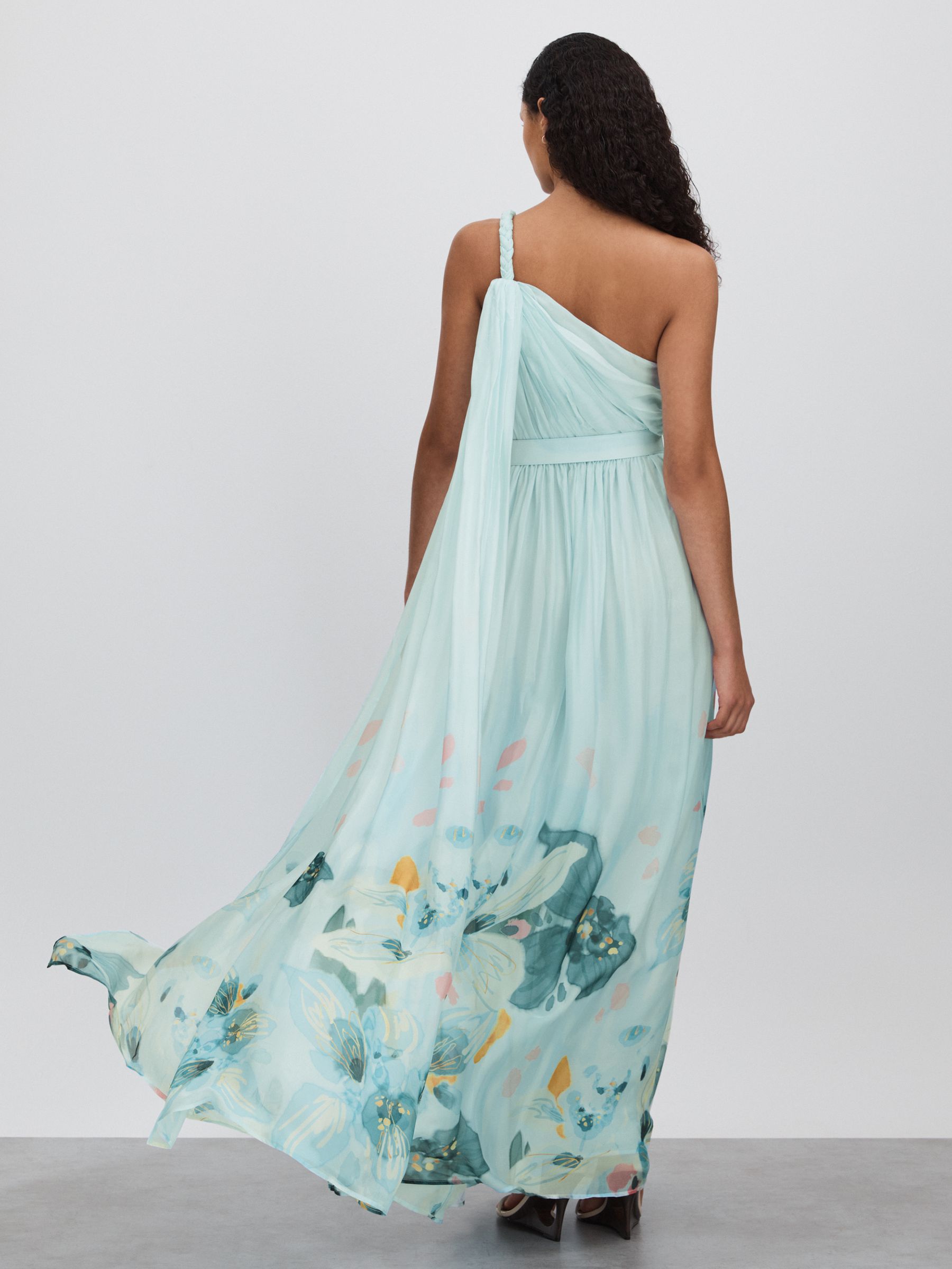 Leo Lin Silk Blend Pleated Asymmetric Maxi Dress in Blue Print - Image 4 of 5