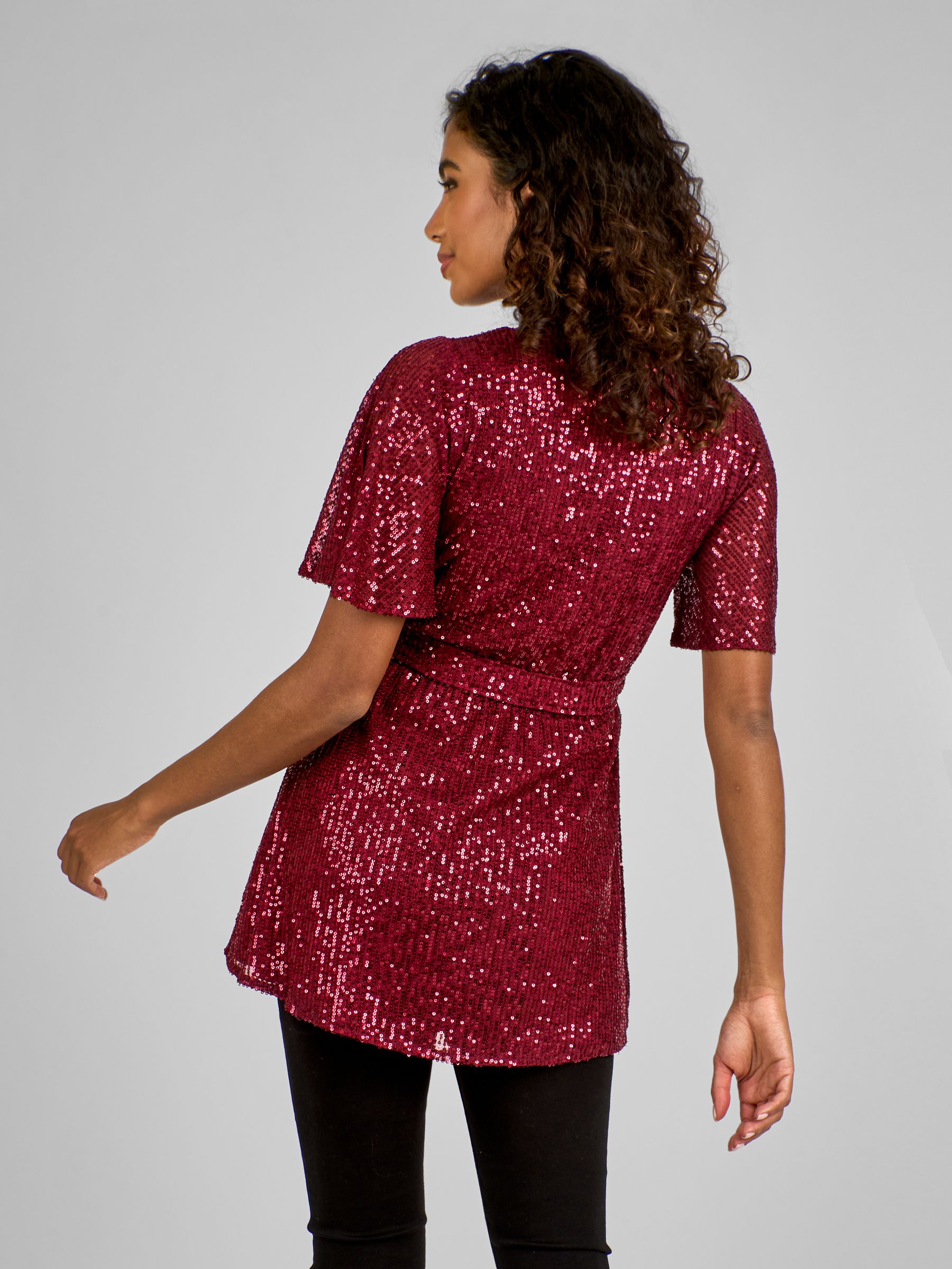 Wine Red Sequin Maternity Flutter Sleeve Top - Image 2 of 5