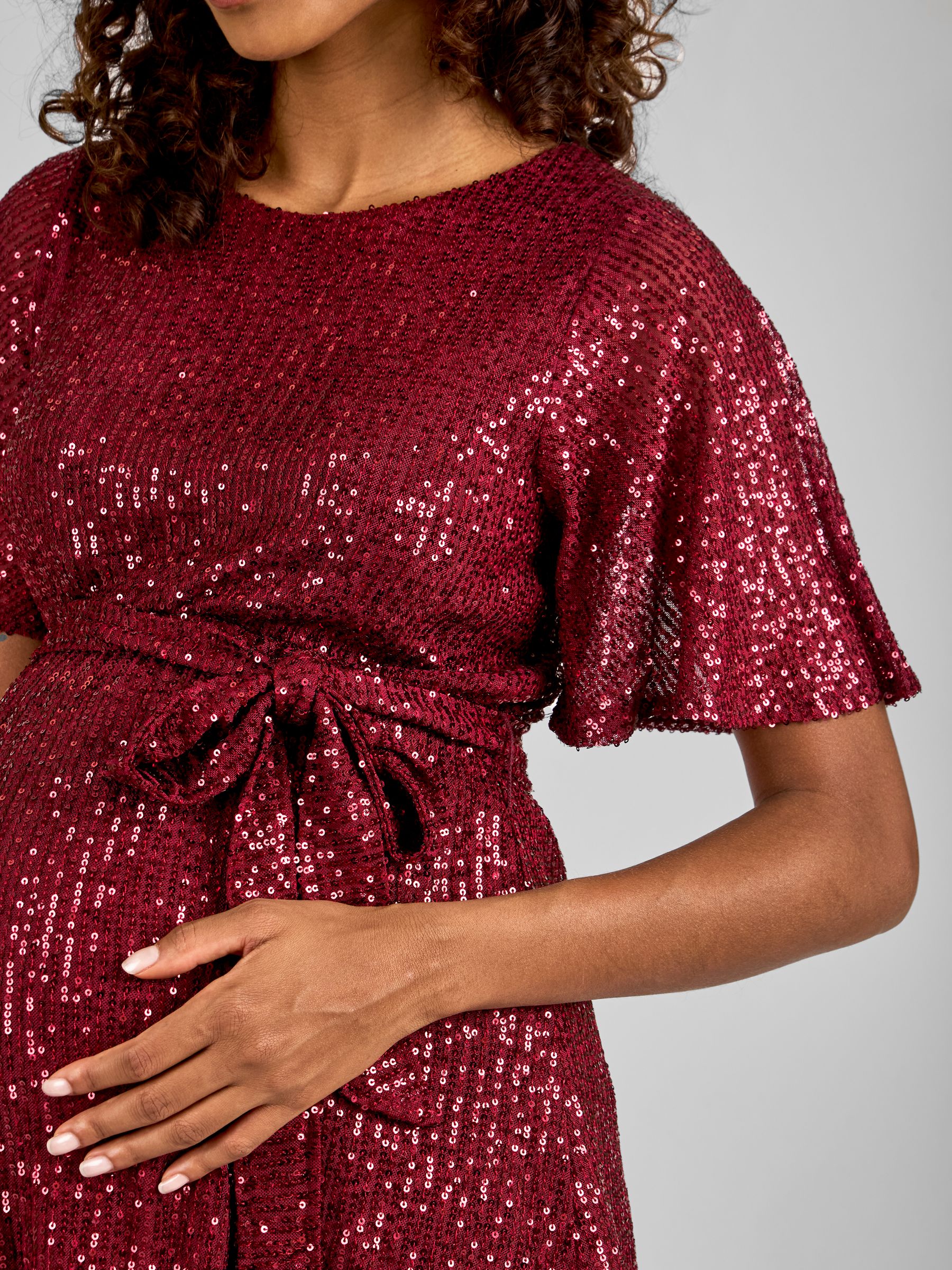 Wine Red Sequin Maternity Flutter Sleeve Top - Image 4 of 5