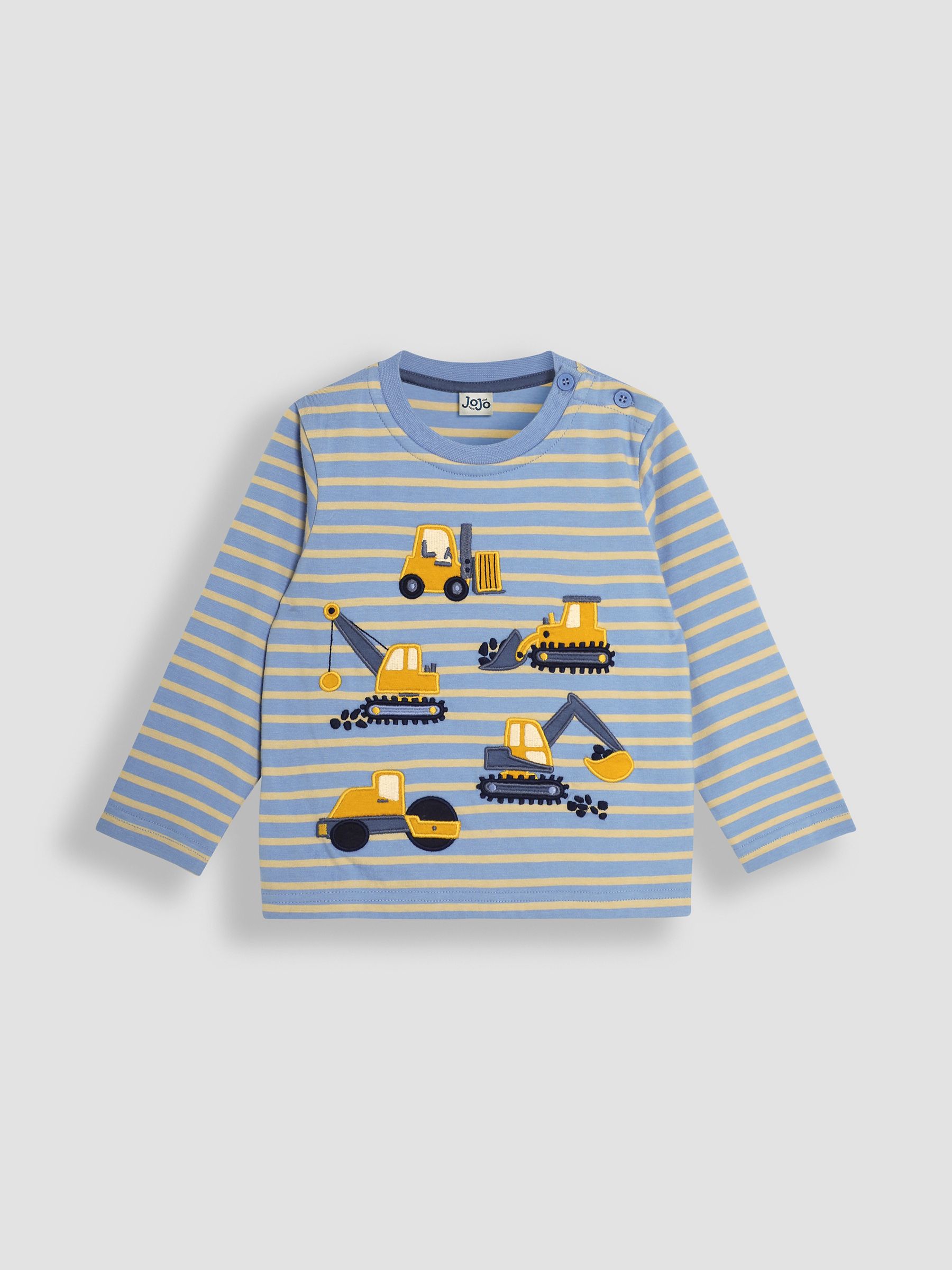 Blue Stripe Construction Vehicles Long Sleeve Button Shoulder Striped Appliqué Top - Image 1 of 3