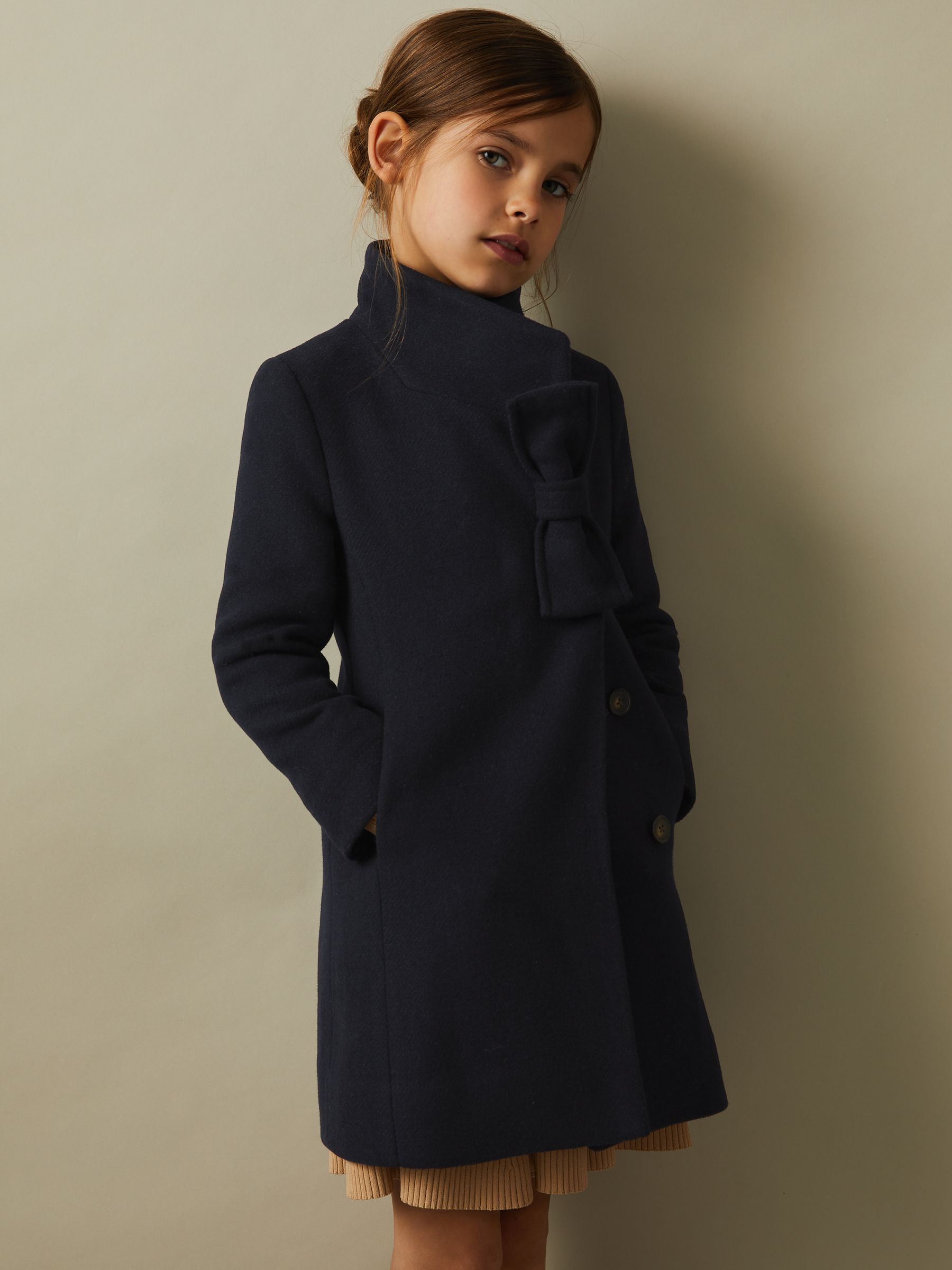 4-9 yrs Wool Blend Funnel Neck Bow Coat in Navy - Image 3 of 4