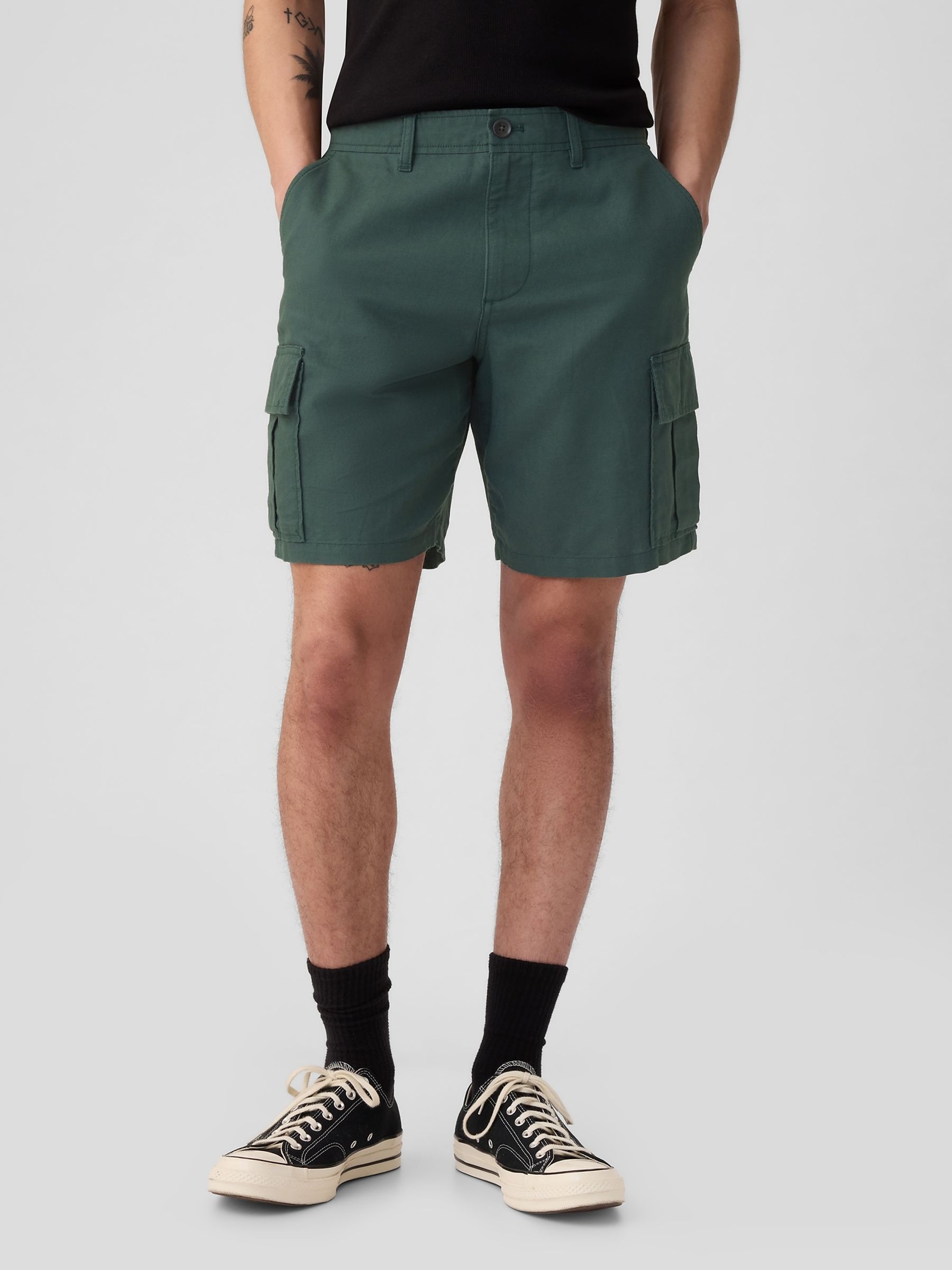 Green Linen Cotton Cargo Shorts - Image 1 of 5