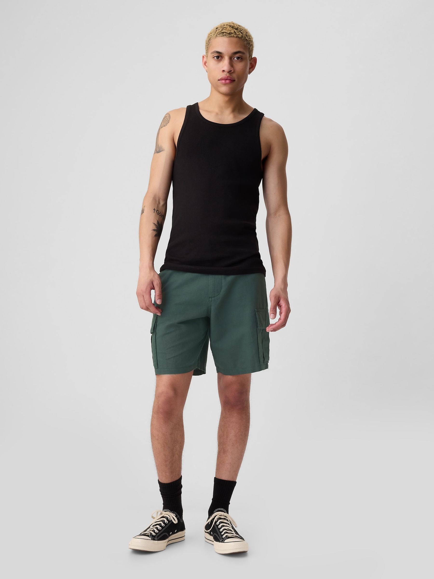 Green Linen Cotton Cargo Shorts - Image 3 of 5