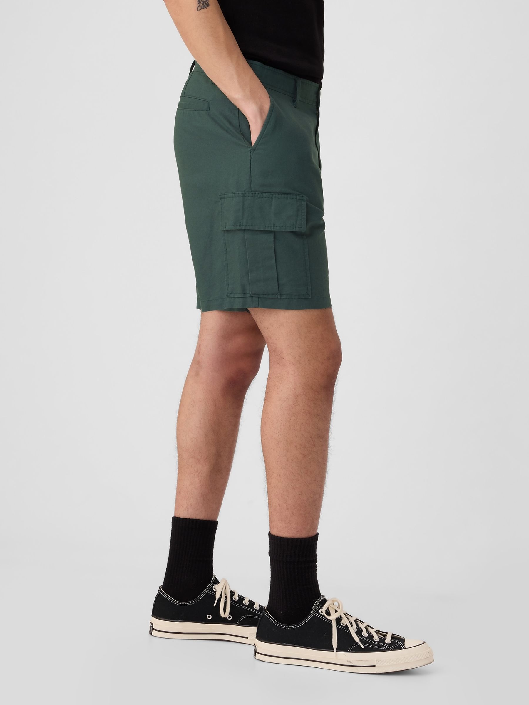 Green Linen Cotton Cargo Shorts - Image 4 of 5