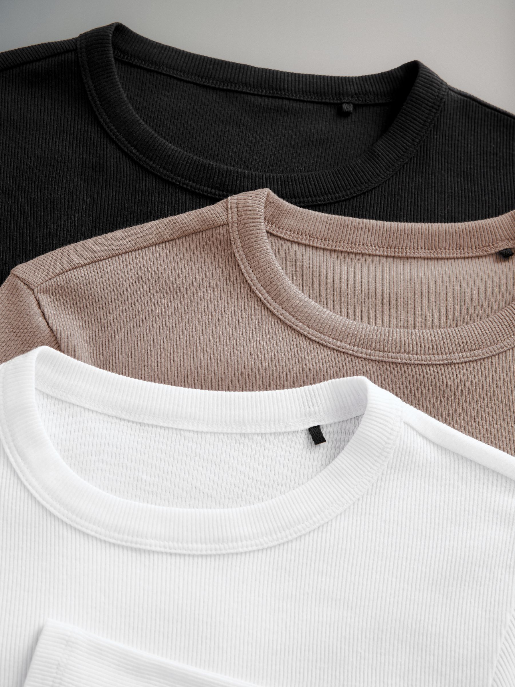 Black/Taupe Brown/White - 3 Pack Long Sleeve Ribbed T-Shirts - Image 6 of 12