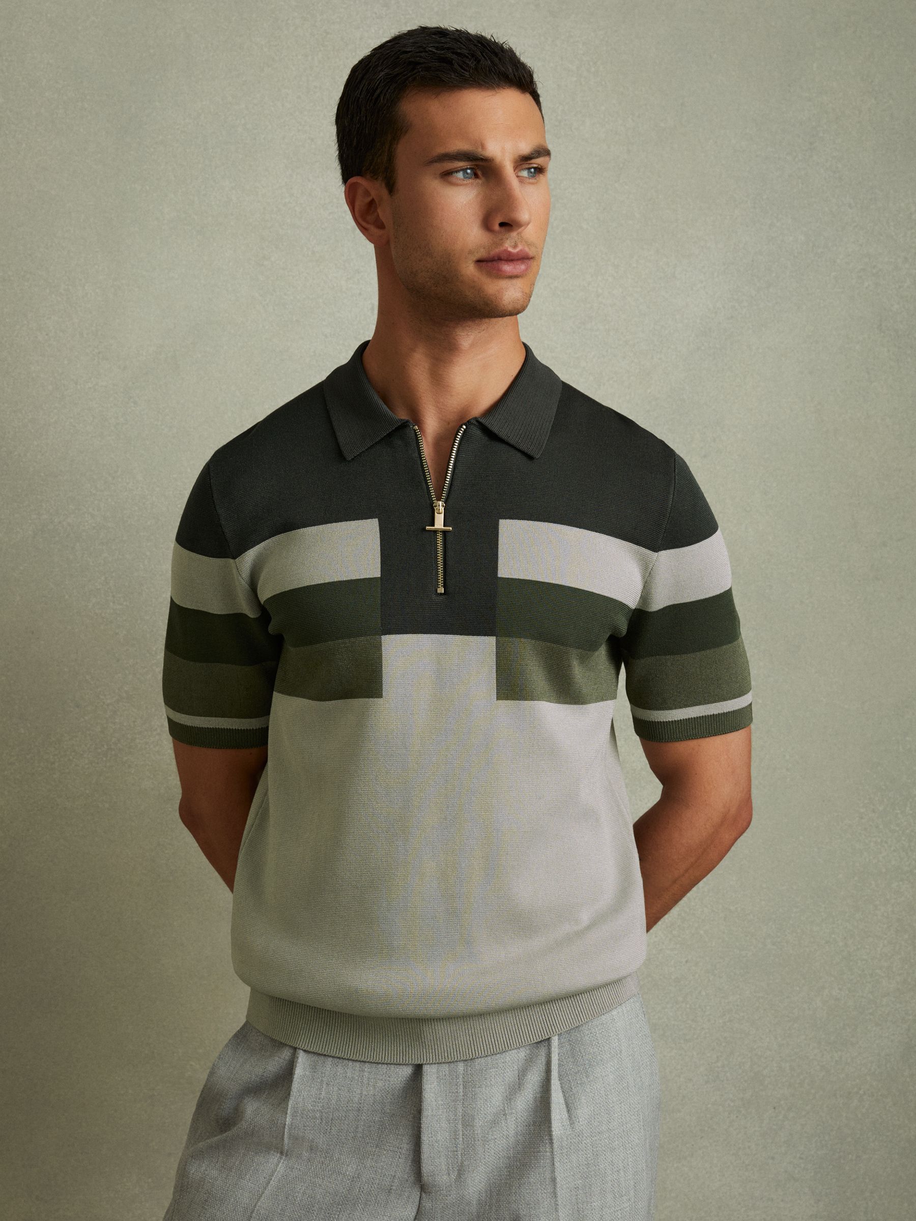Knitted Colourblock Half-Zip Polo Shirt in Green - Image 1 of 5