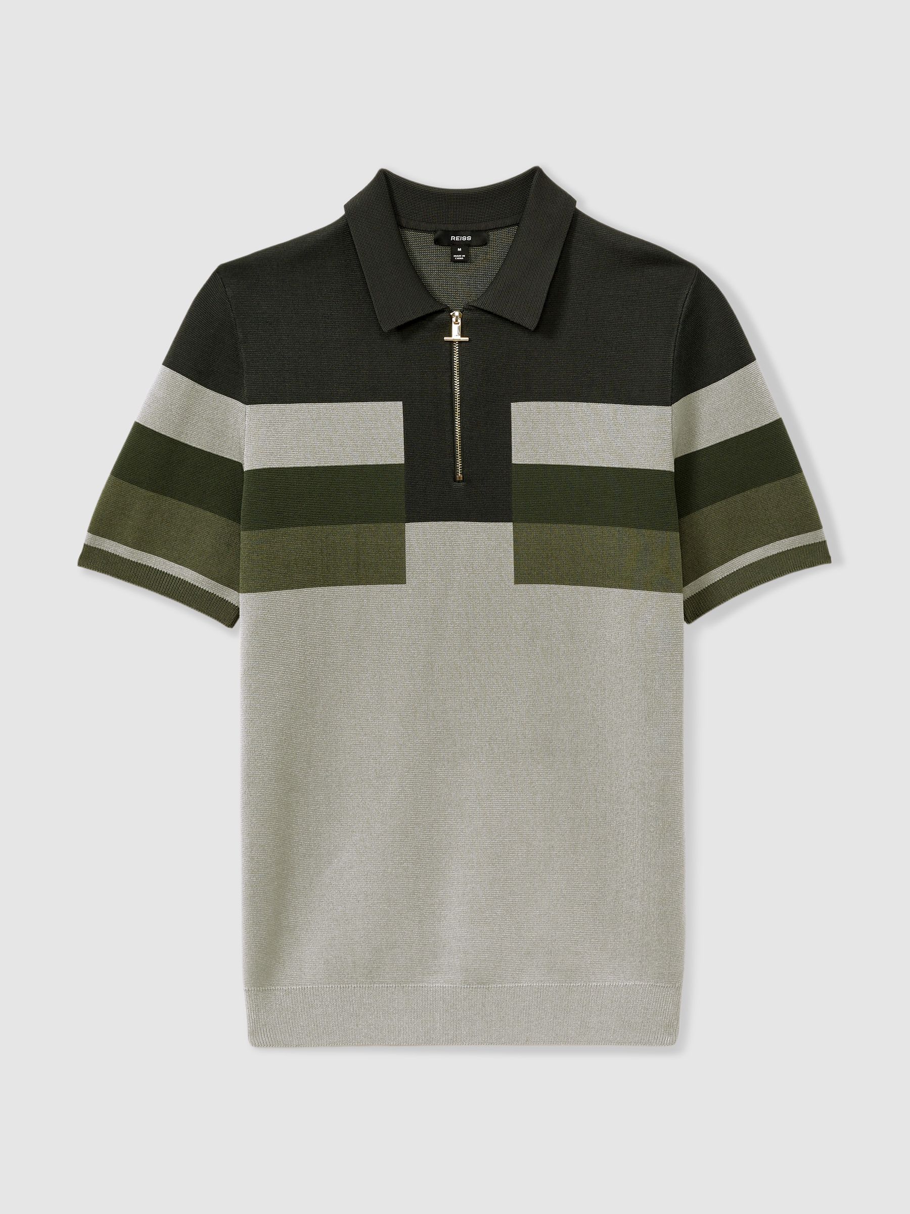 Knitted Colourblock Half-Zip Polo Shirt in Green - Image 2 of 5