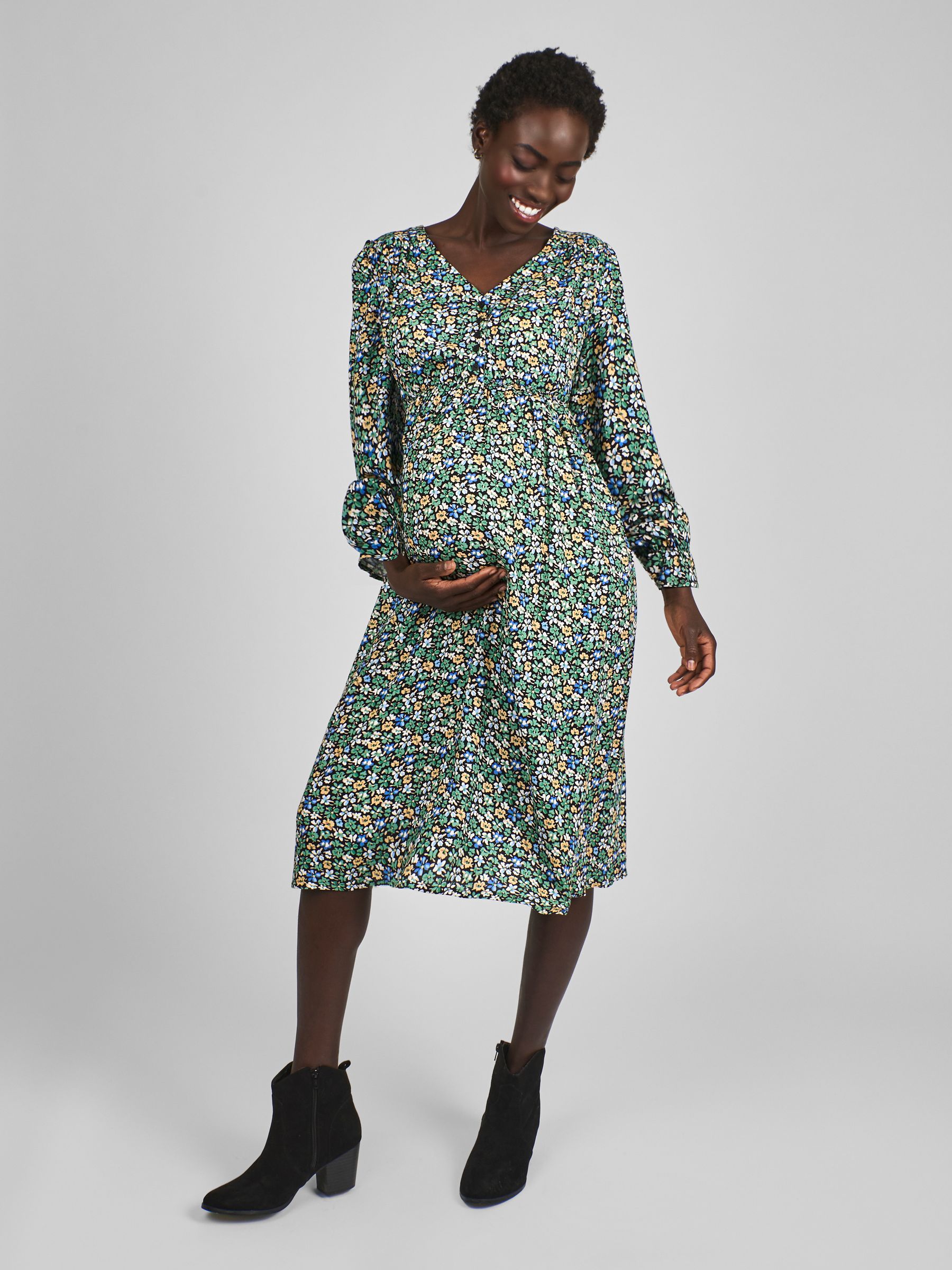 Green & Yellow Floral V-Neck Maternity Midi Dress - Image 1 of 4