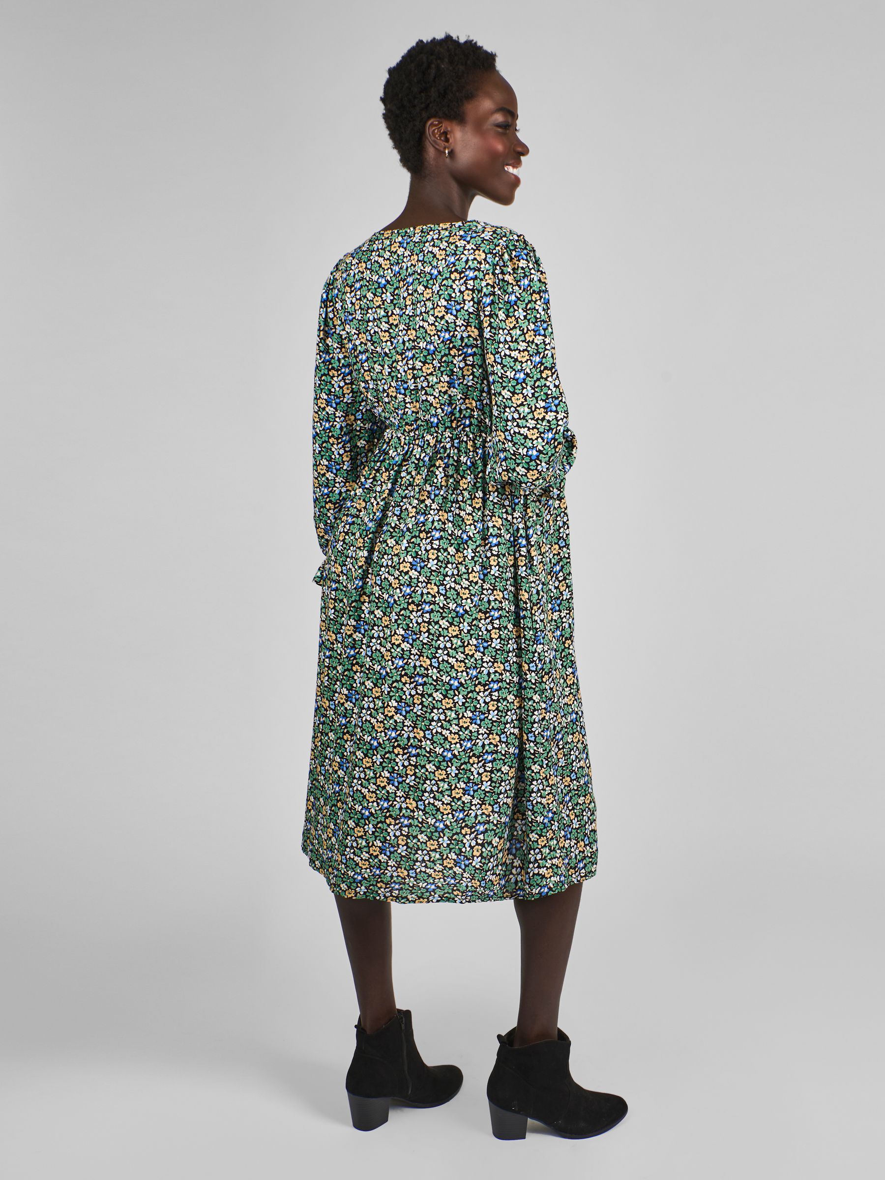 Green & Yellow Floral V-Neck Maternity Midi Dress - Image 2 of 4