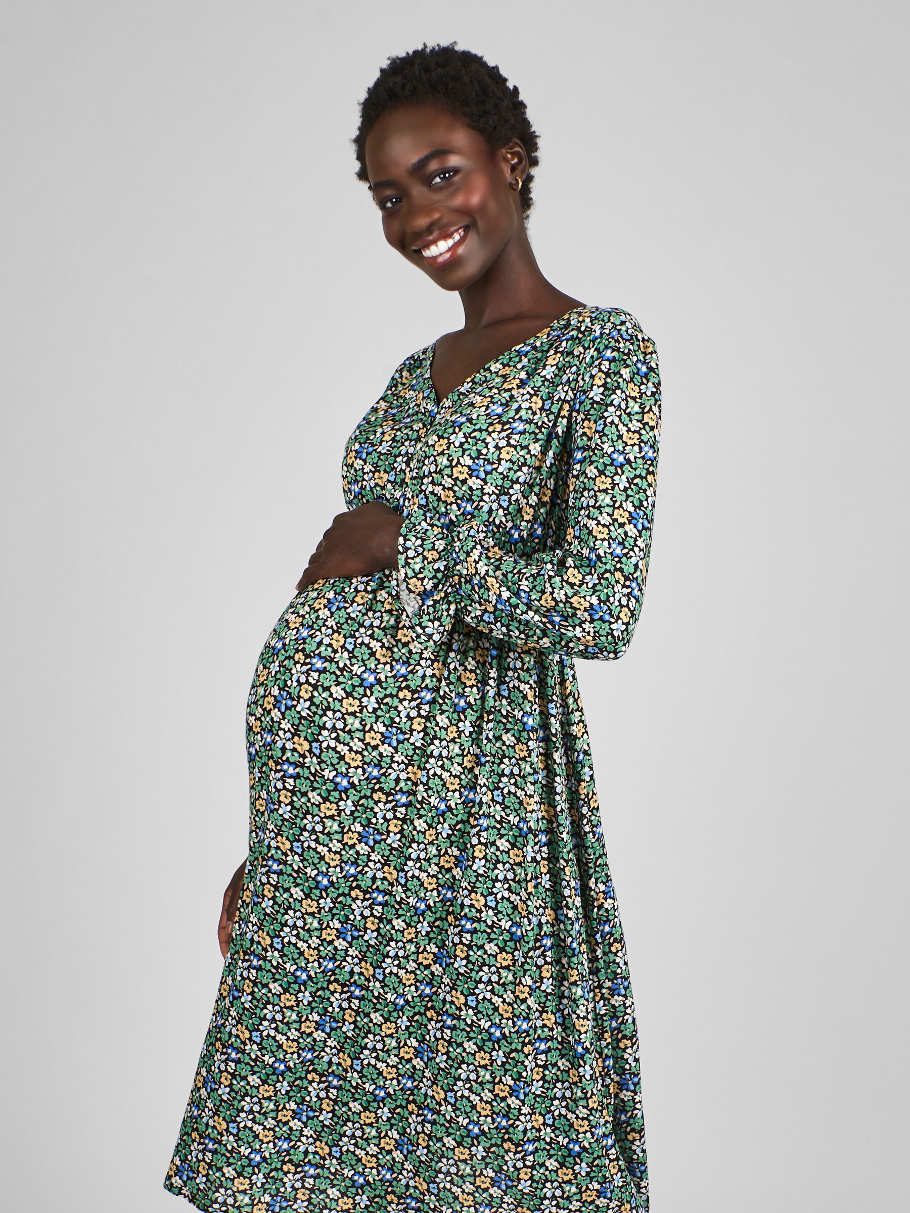 Green & Yellow Floral V-Neck Maternity Midi Dress - Image 3 of 4