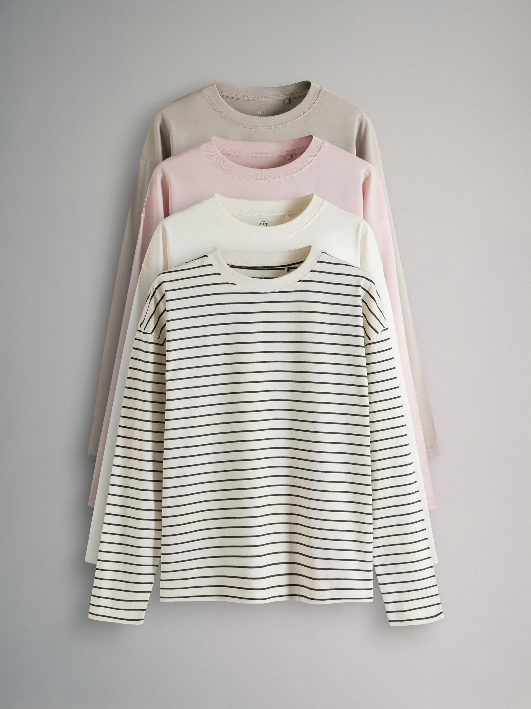 Taupe Brown/Cream/Pink/Black&Cream Stripe - 4 Pack Relaxed Long Sleeve T-Shirts - Image 1 of 6