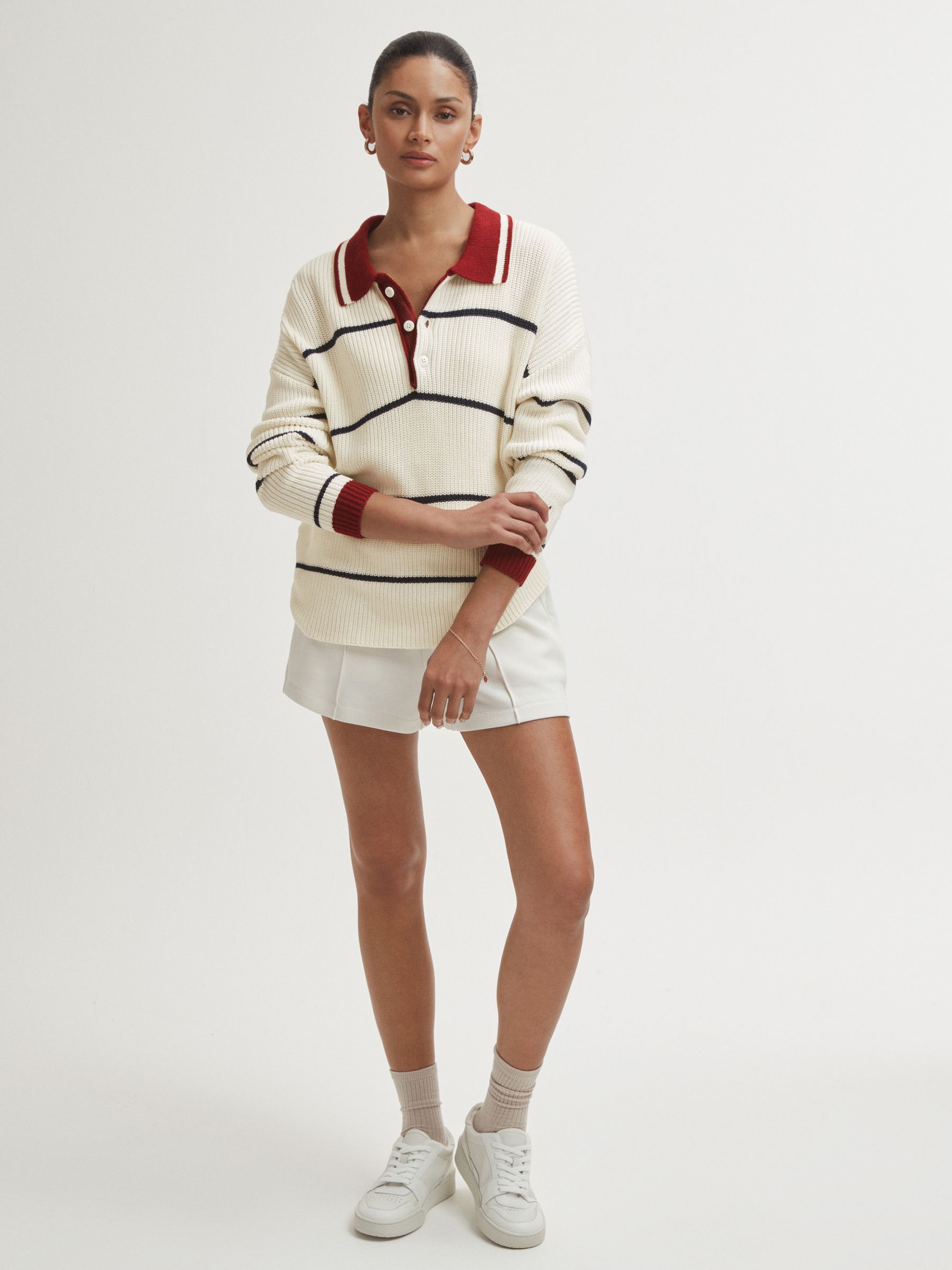 The Upside Oversized Cotton Polo Jumper in White Stripe - Image 3 of 7