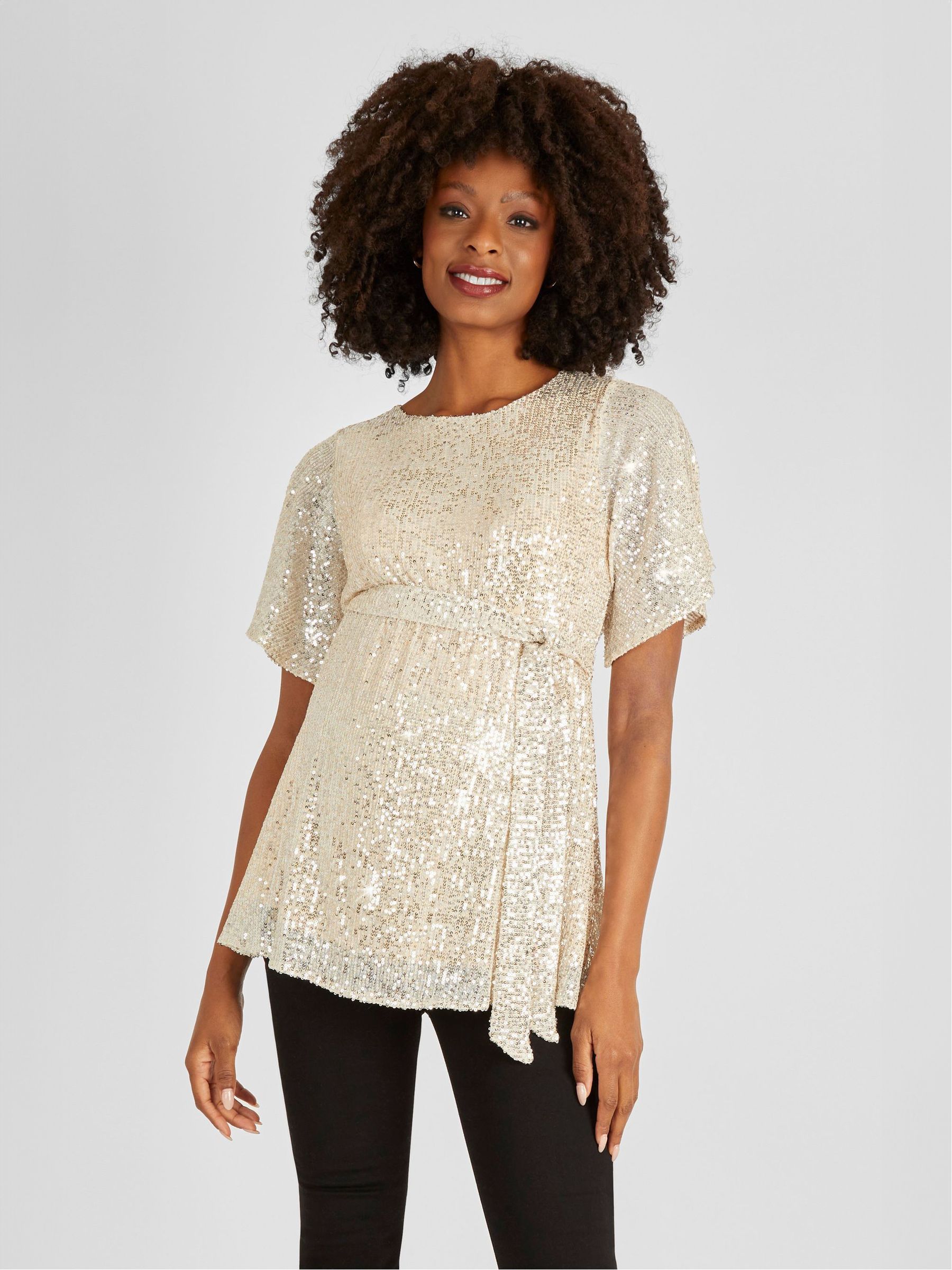 Champagne Gold Sequin Maternity Flutter Sleeve Top - Image 1 of 5