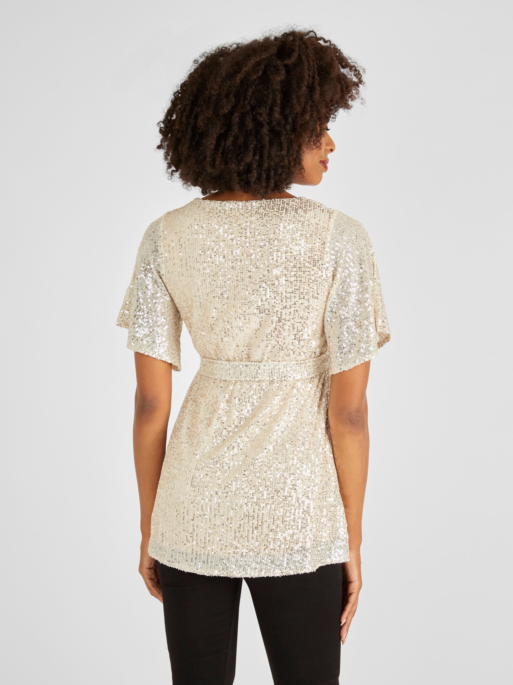 Champagne Gold Sequin Maternity Flutter Sleeve Top - Image 2 of 5