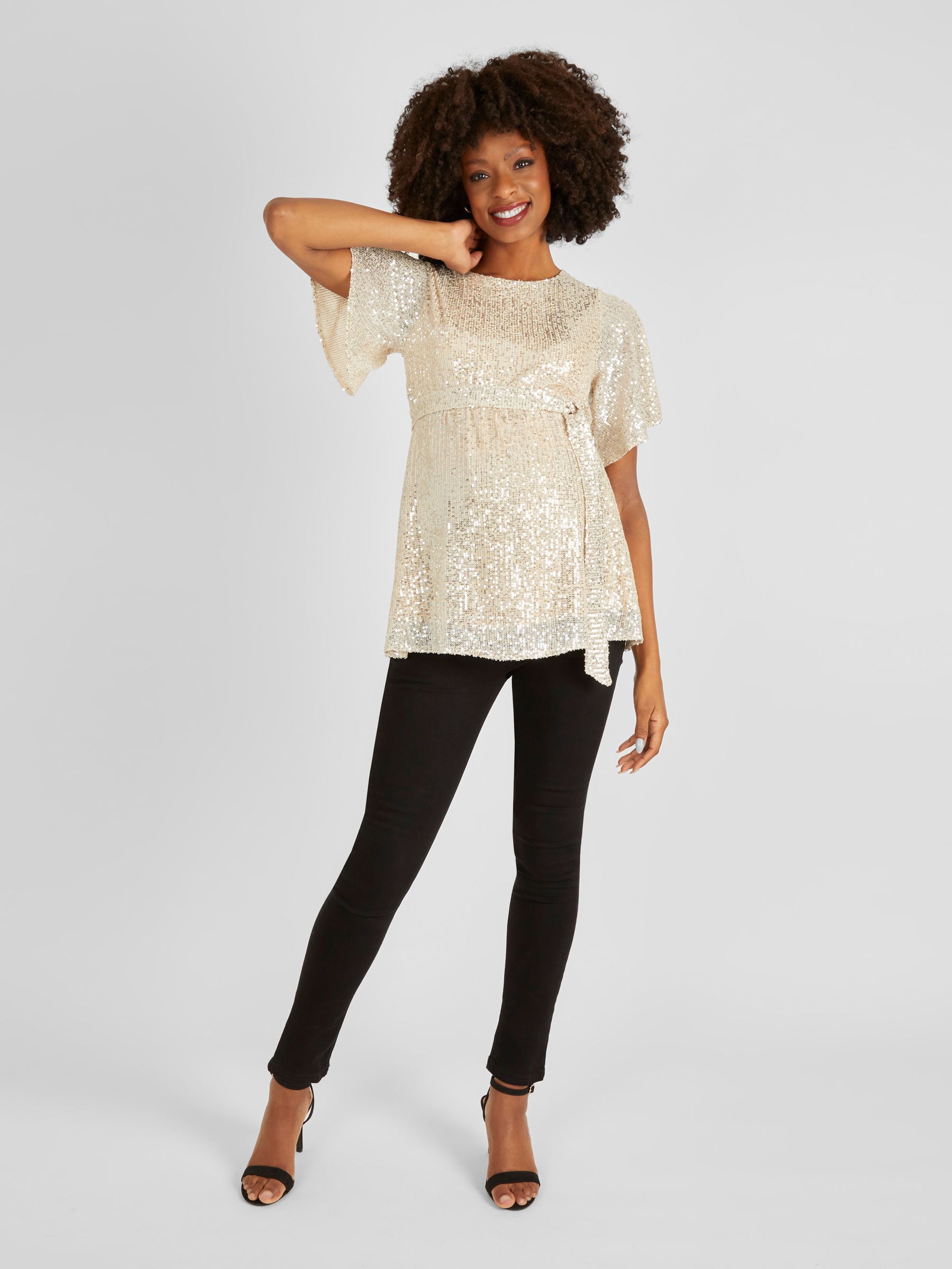 Champagne Gold Sequin Maternity Flutter Sleeve Top - Image 3 of 5