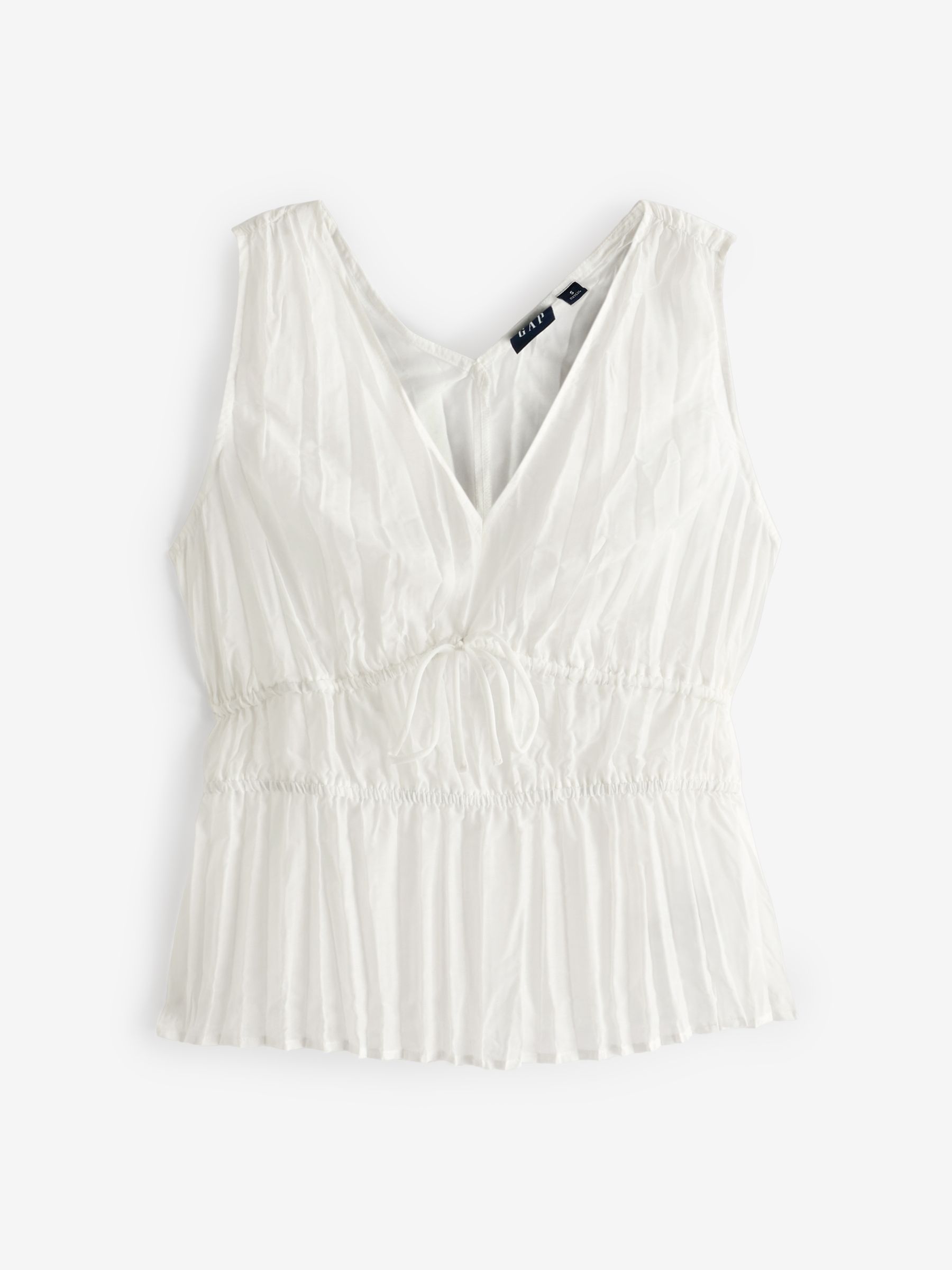 White Pleated V Neck Cinched Sleeveless Top - Image 1 of 1