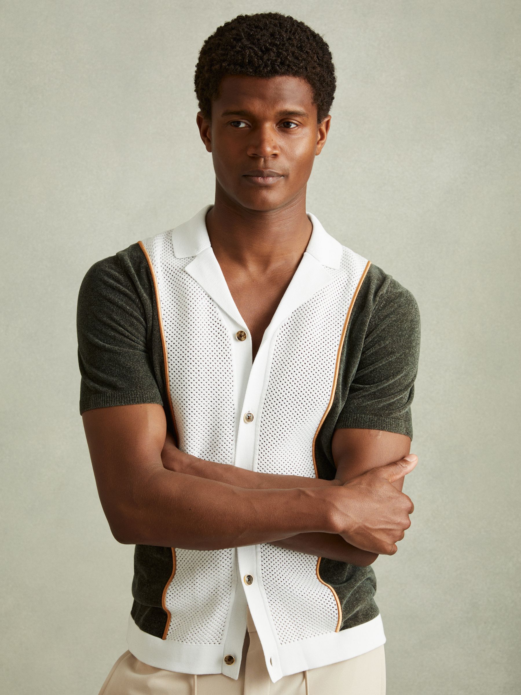 Hybrid Velour Cuban Collar Shirt in Green Smoke - Image 1 of 6