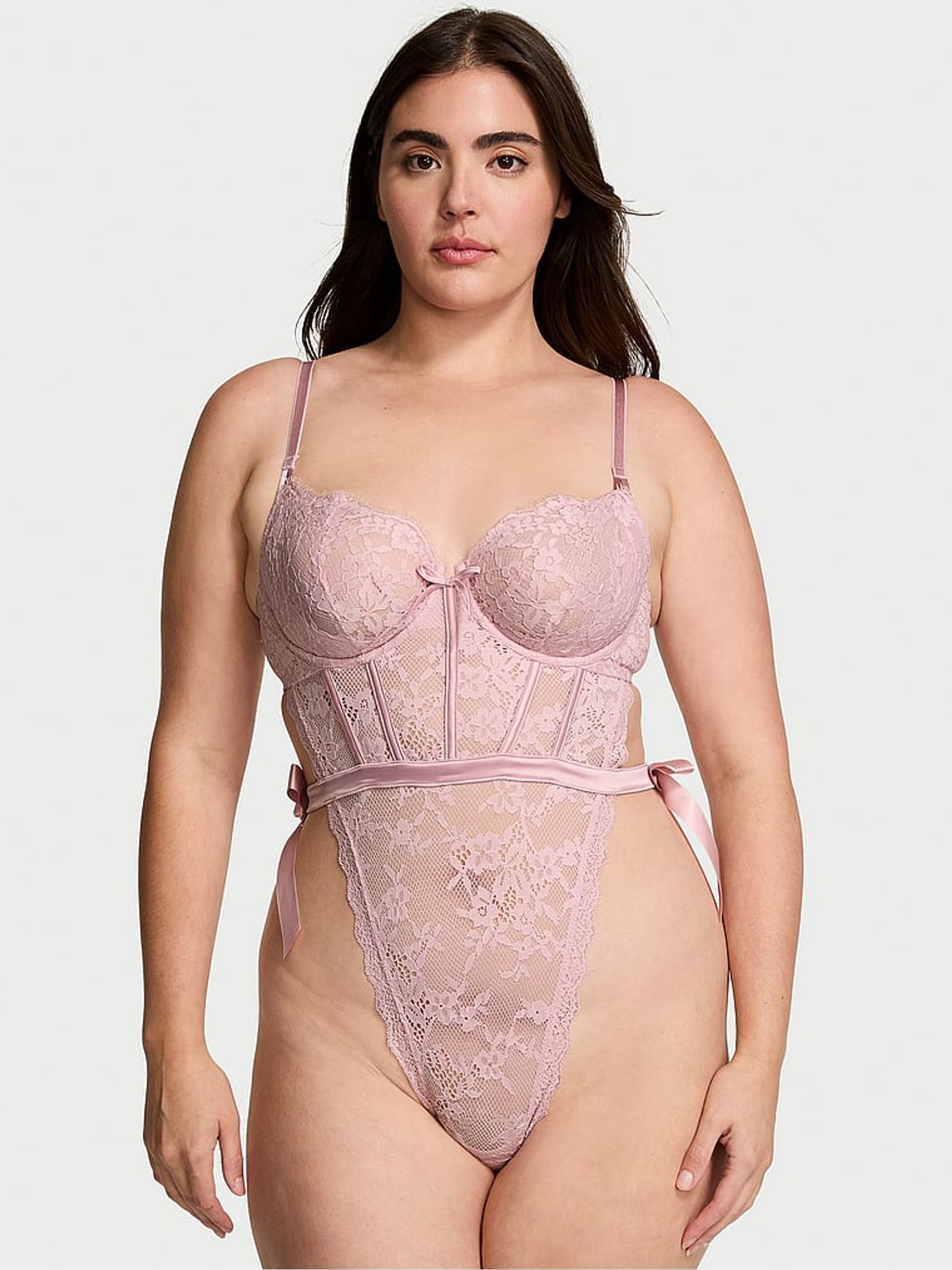 Chalk Rose Pink Unlined Balcony Lace Bodysuit - Image 1 of 3