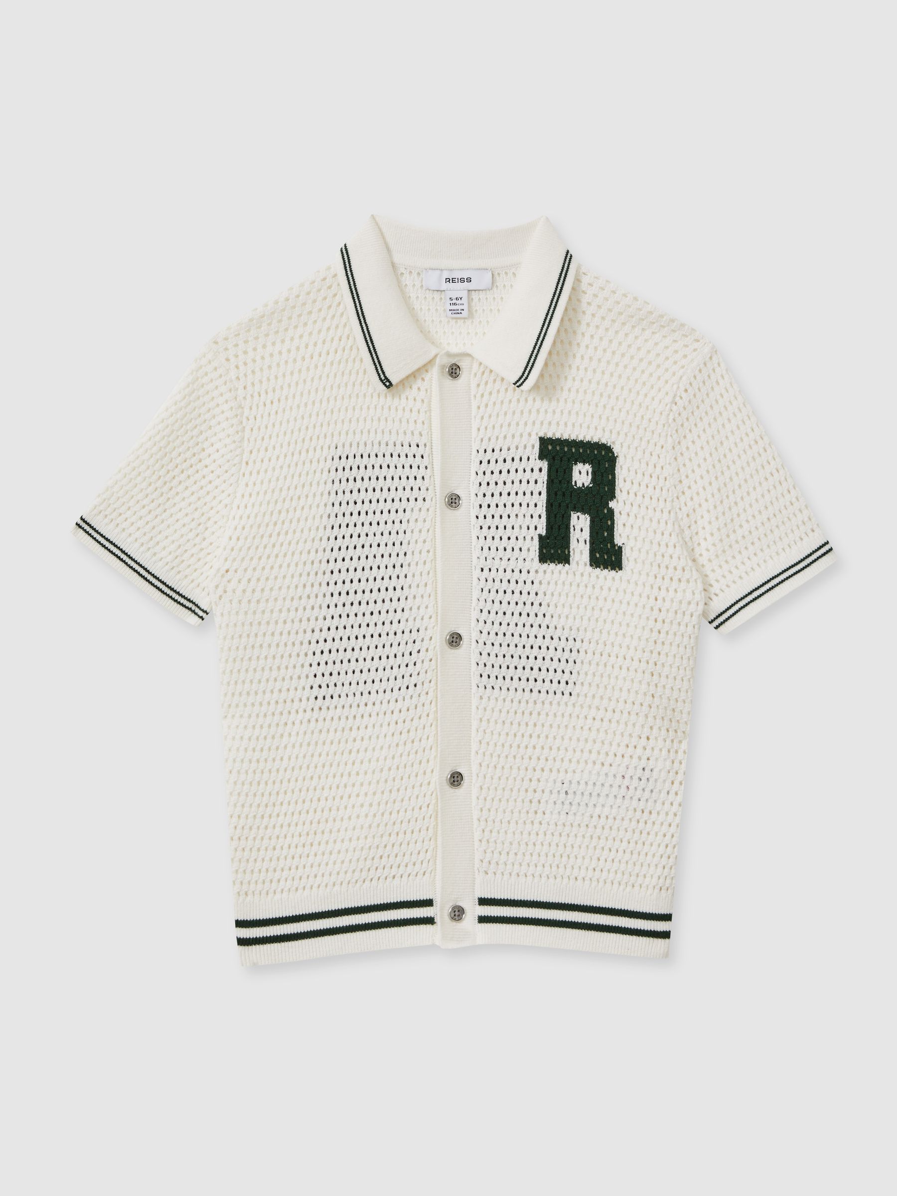 9-13 yrs Cotton Open-Stitch Motif Shirt in White/Dark Green - Image 2 of 4