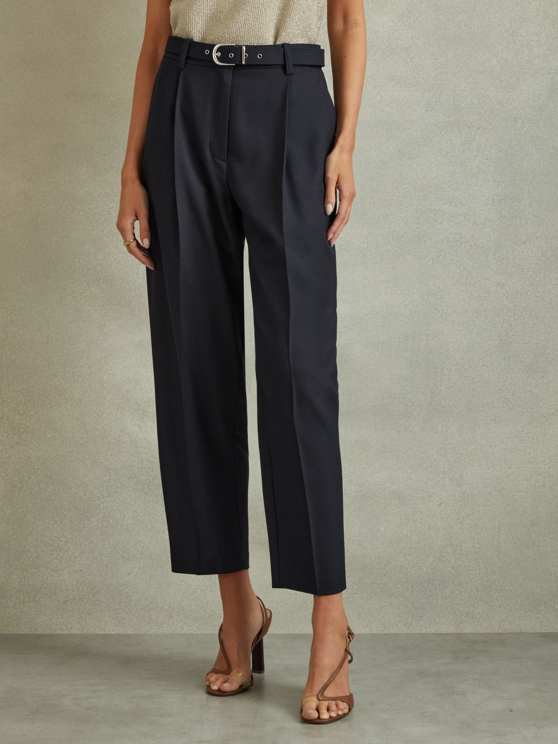 Petite Tapered Belted Trousers in Navy - Image 1 of 7