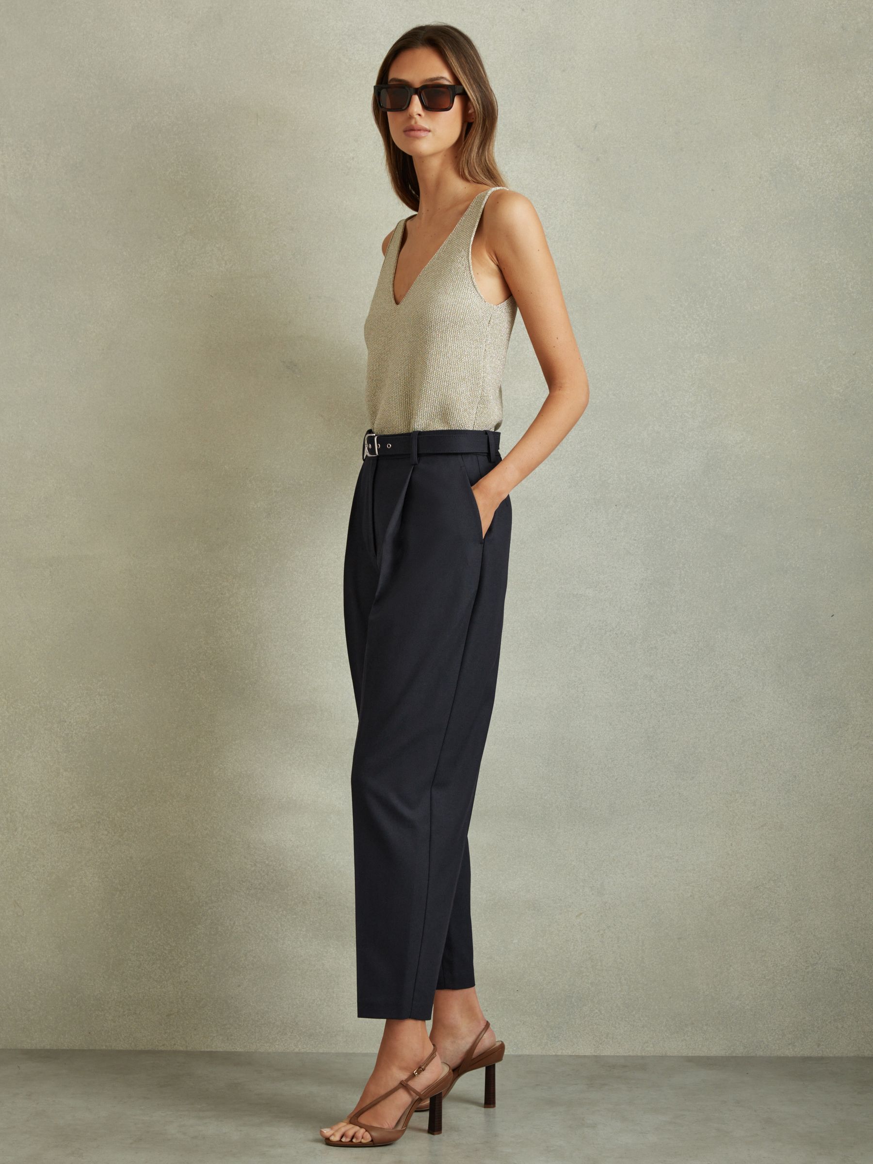 Petite Tapered Belted Trousers in Navy - Image 3 of 7