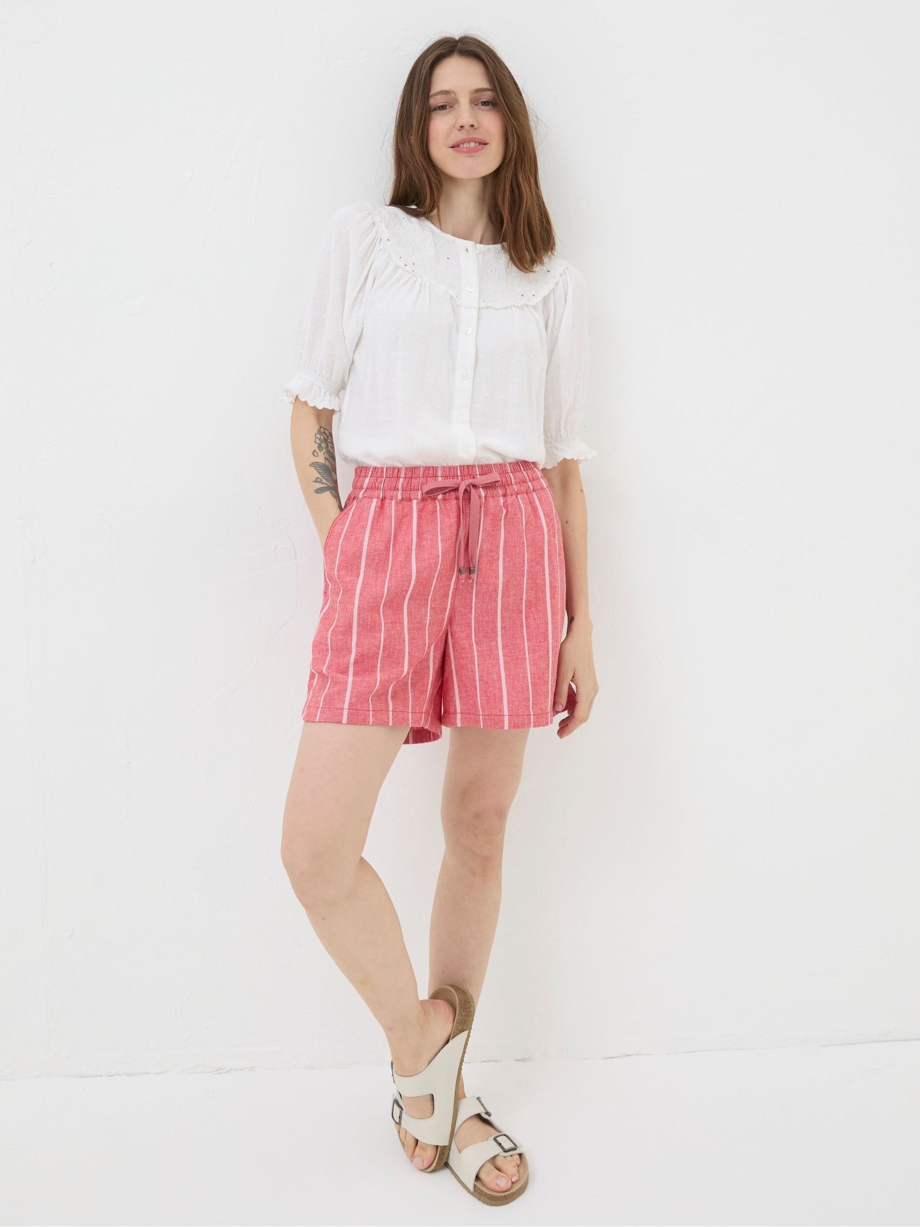 Tenby Red Linen Blend Stripe Shorts - Image 2 of 5