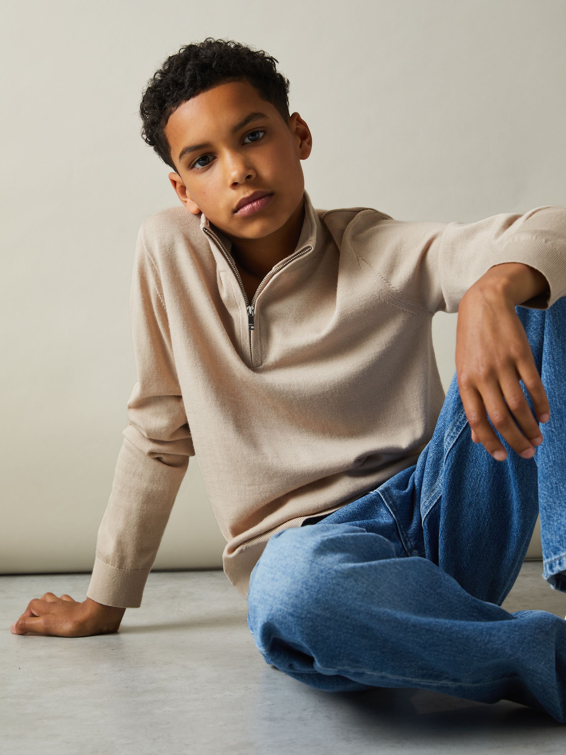 3-9 yrs Merino Wool Half-Zip Funnel Neck Jumper in Washed Stone - Image 3 of 4