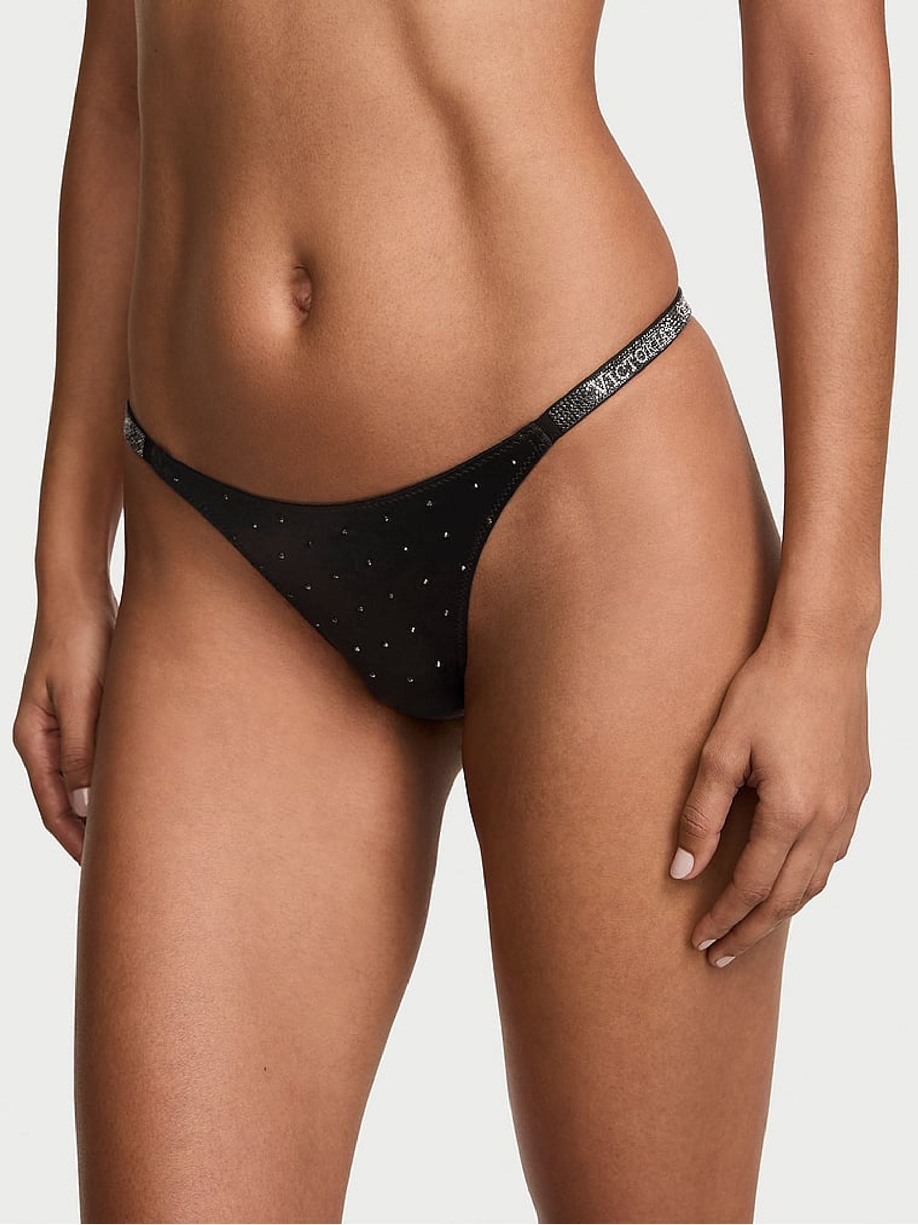 Black Thong Shine Strap Diamanté Knickers - Image 2 of 3