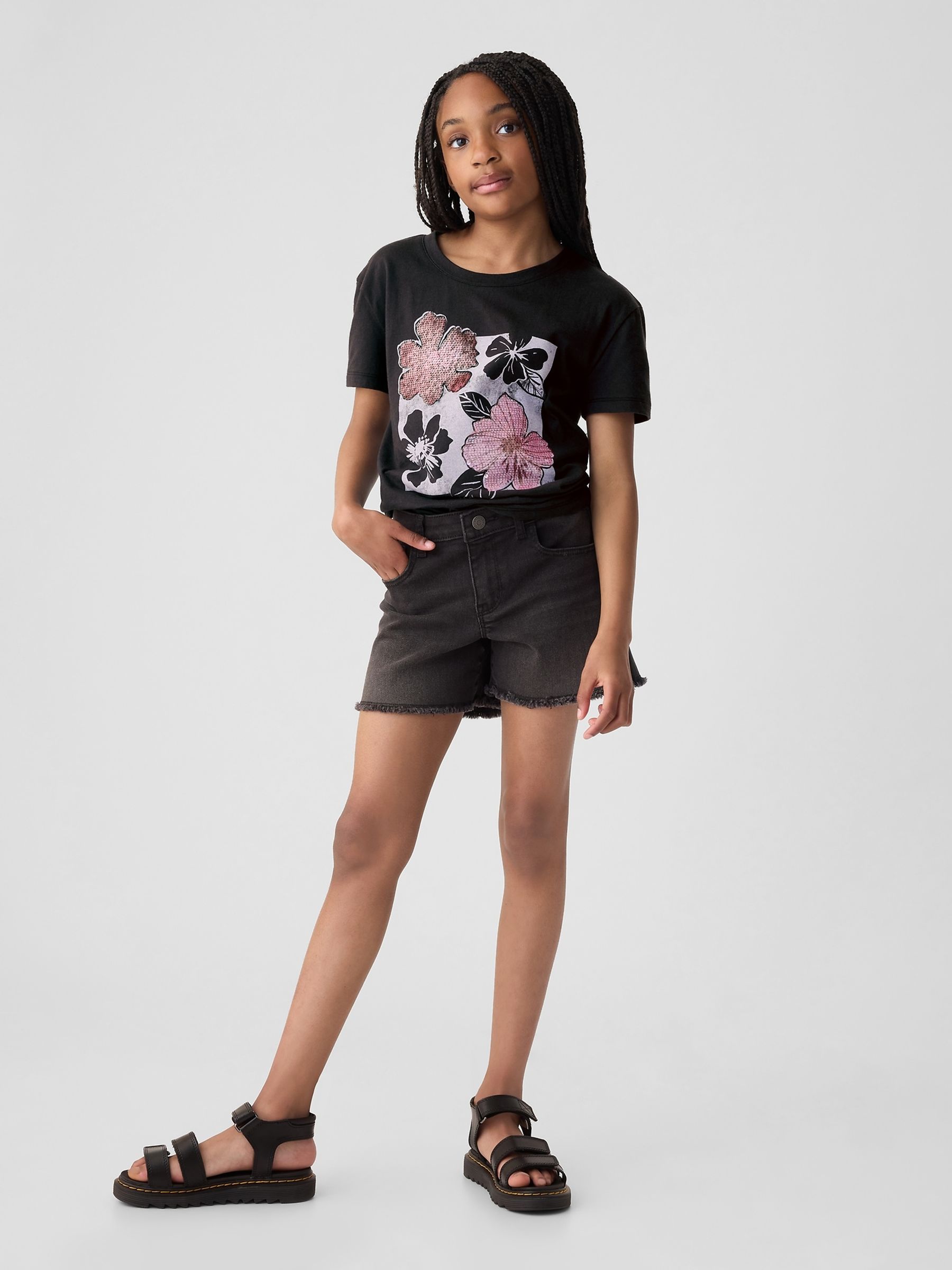 Black Floral Sequin Graphic Short Sleeve Crew Neck T-Shirt (4-13yrs) - Image 2 of 4