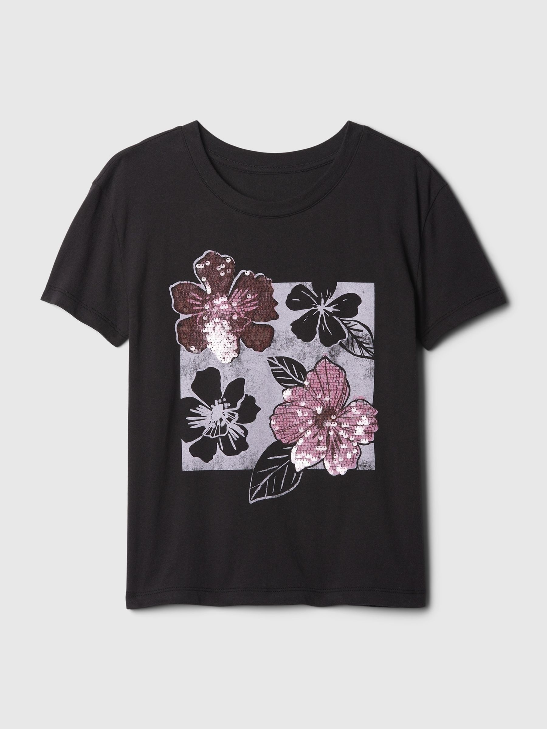 Black Floral Sequin Graphic Short Sleeve Crew Neck T-Shirt (4-13yrs) - Image 4 of 4