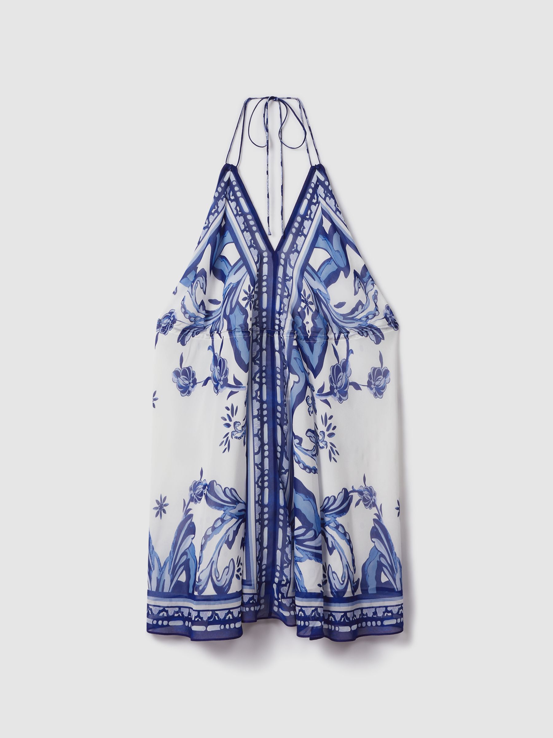 Printed Tie Waist Mini Dress in Blue - Image 2 of 6